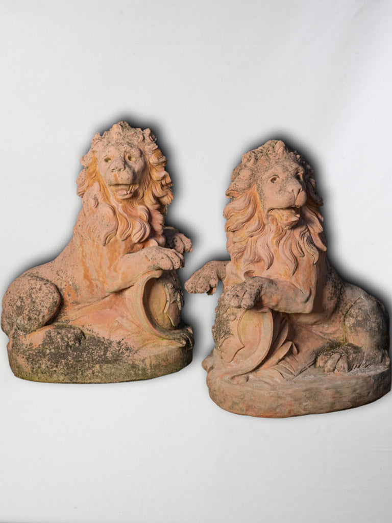 Pair of 1970s French Heraldic Garden Lions in Pink-Toned Concrete - 37"