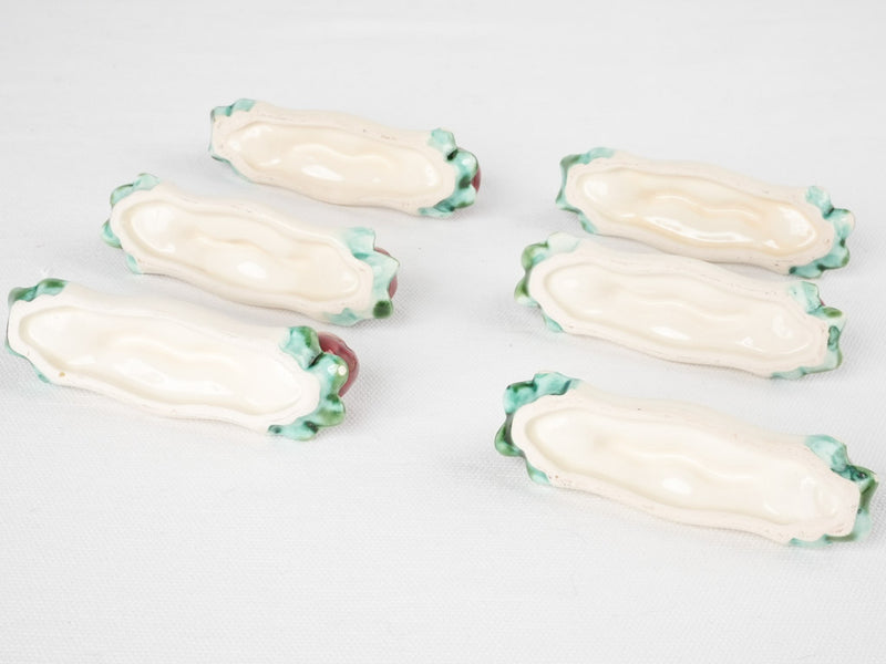 Set of 6 antique Majolica knife rests 4"