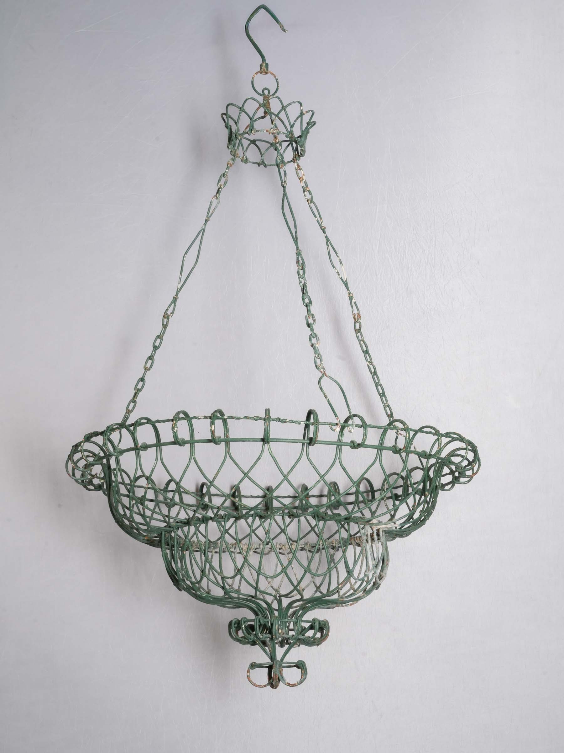 Pair of Hand-Worked French Green-Painted Wire Hanging Jardinières / Baskets, circa 1950 - 38¼"