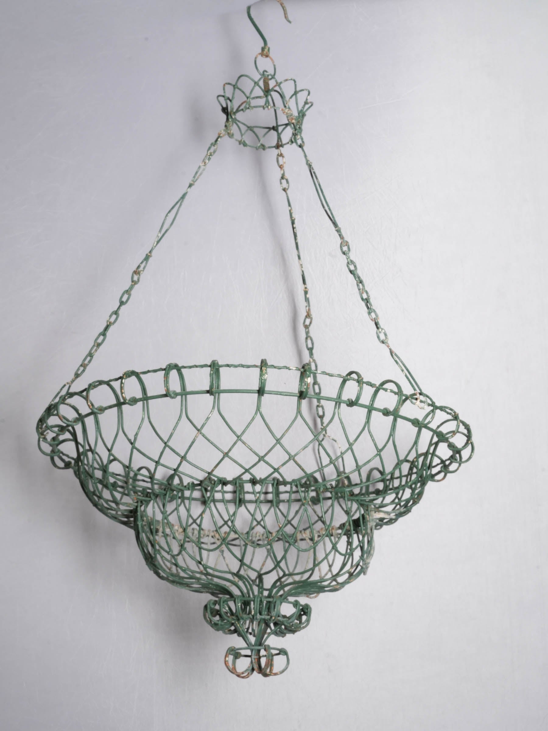 Pair of Hand-Worked French Green-Painted Wire Hanging Jardinières / Baskets, circa 1950 - 38¼"