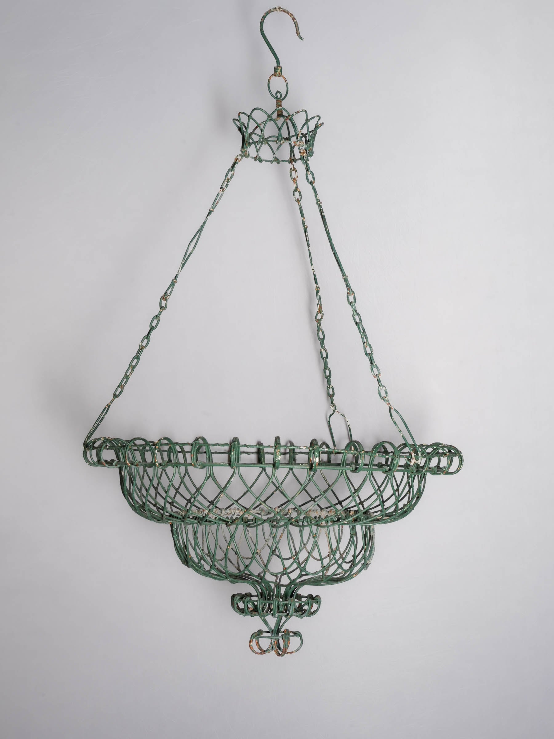 Pair of Hand-Worked French Green-Painted Wire Hanging Jardinières / Baskets, circa 1950 - 38¼"