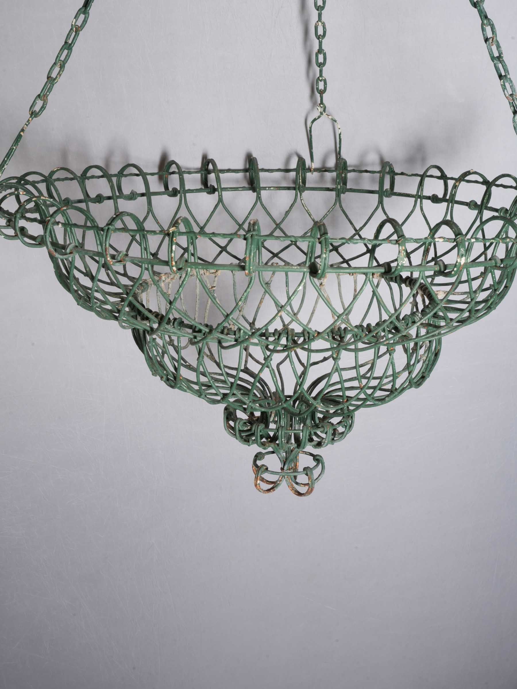 Pair of Hand-Worked French Green-Painted Wire Hanging Jardinières / Baskets, circa 1950 - 38¼"