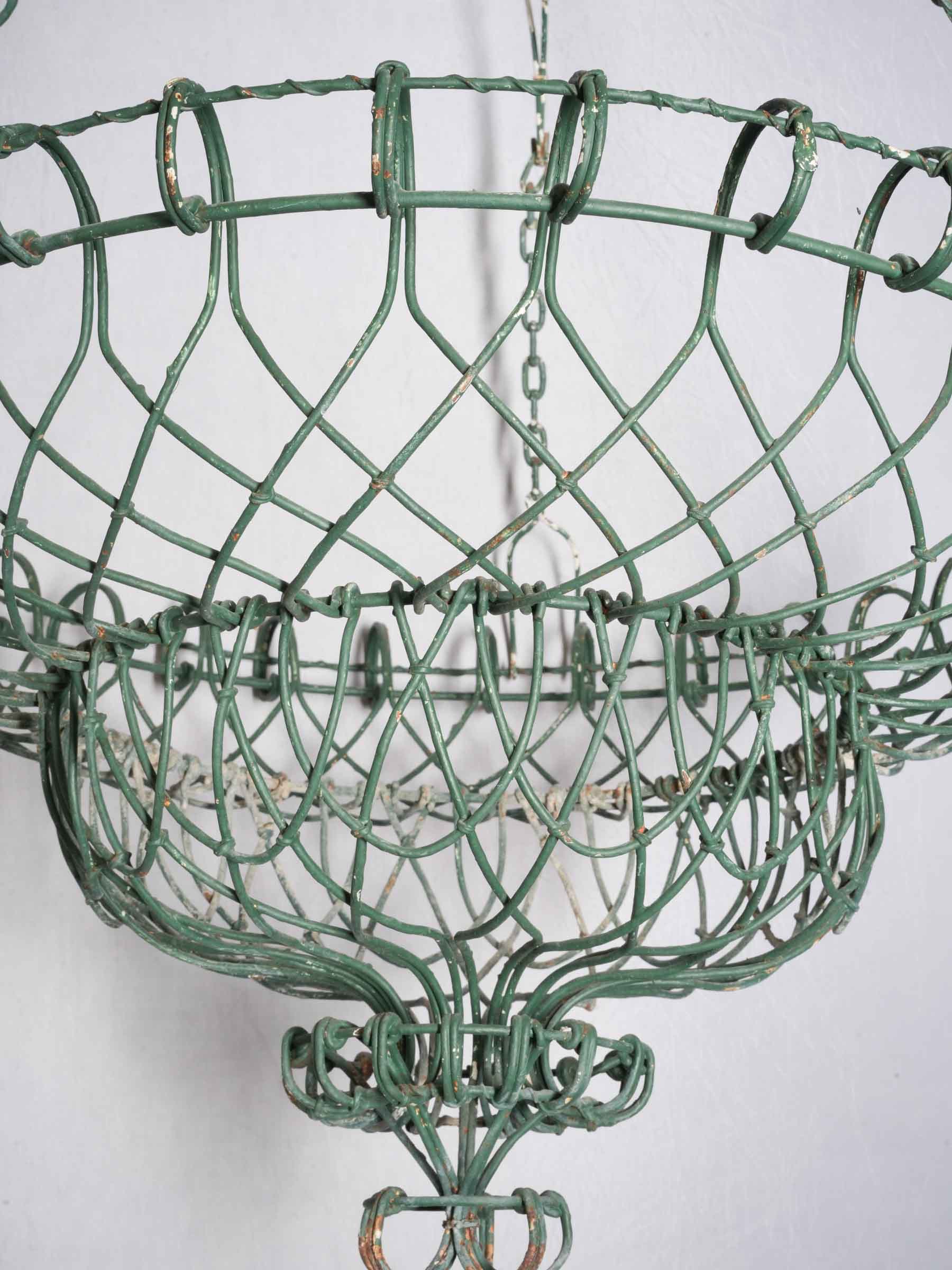 Pair of Hand-Worked French Green-Painted Wire Hanging Jardinières / Baskets, circa 1950 - 38¼"