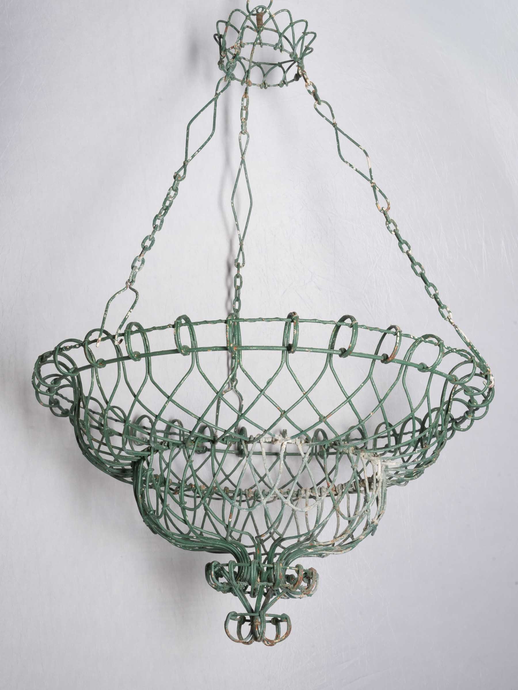 Pair of Hand-Worked French Green-Painted Wire Hanging Jardinières / Baskets, circa 1950 - 38¼"