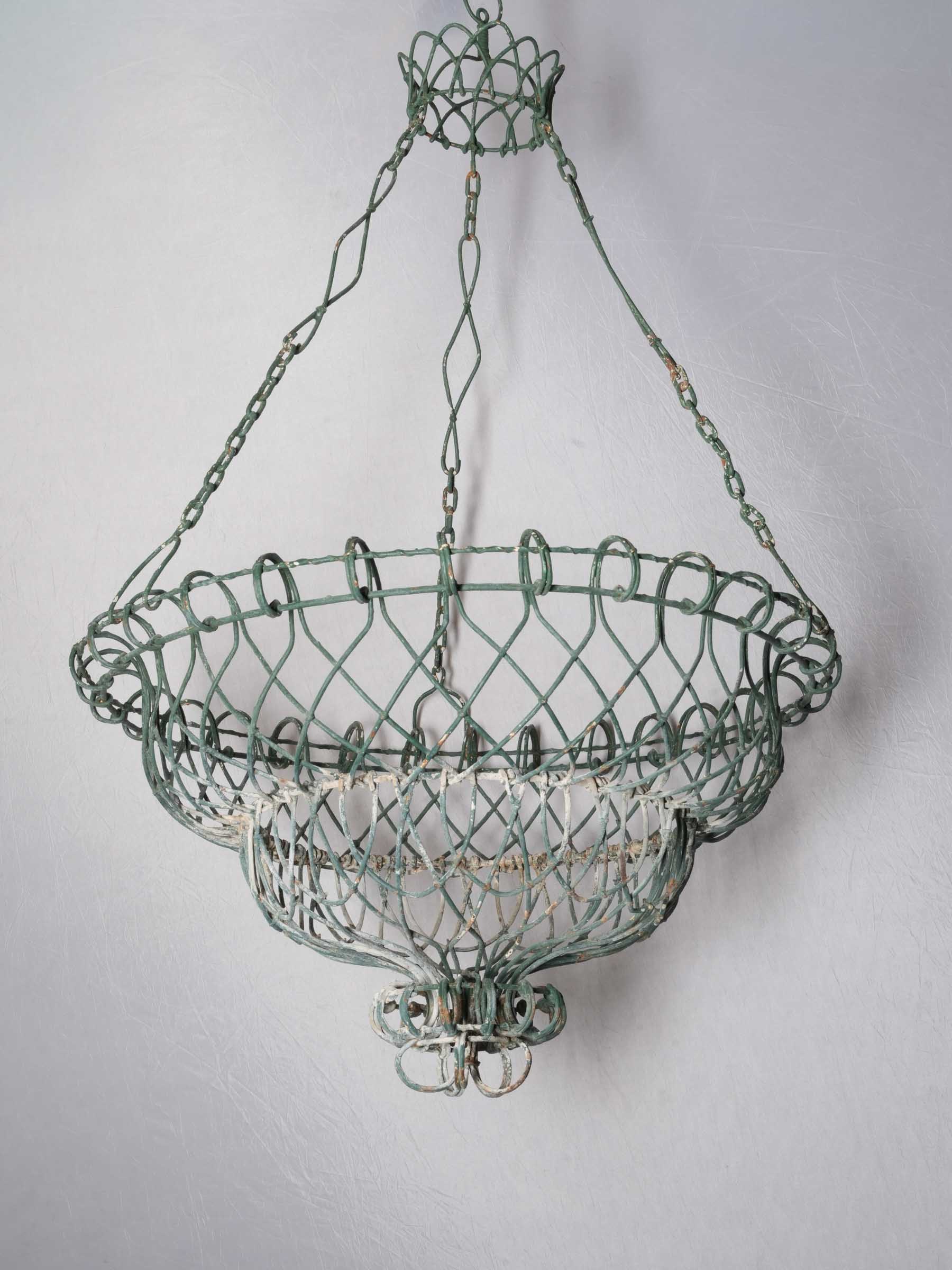 Pair of Hand-Worked French Green-Painted Wire Hanging Jardinières / Baskets, circa 1950 - 38¼"