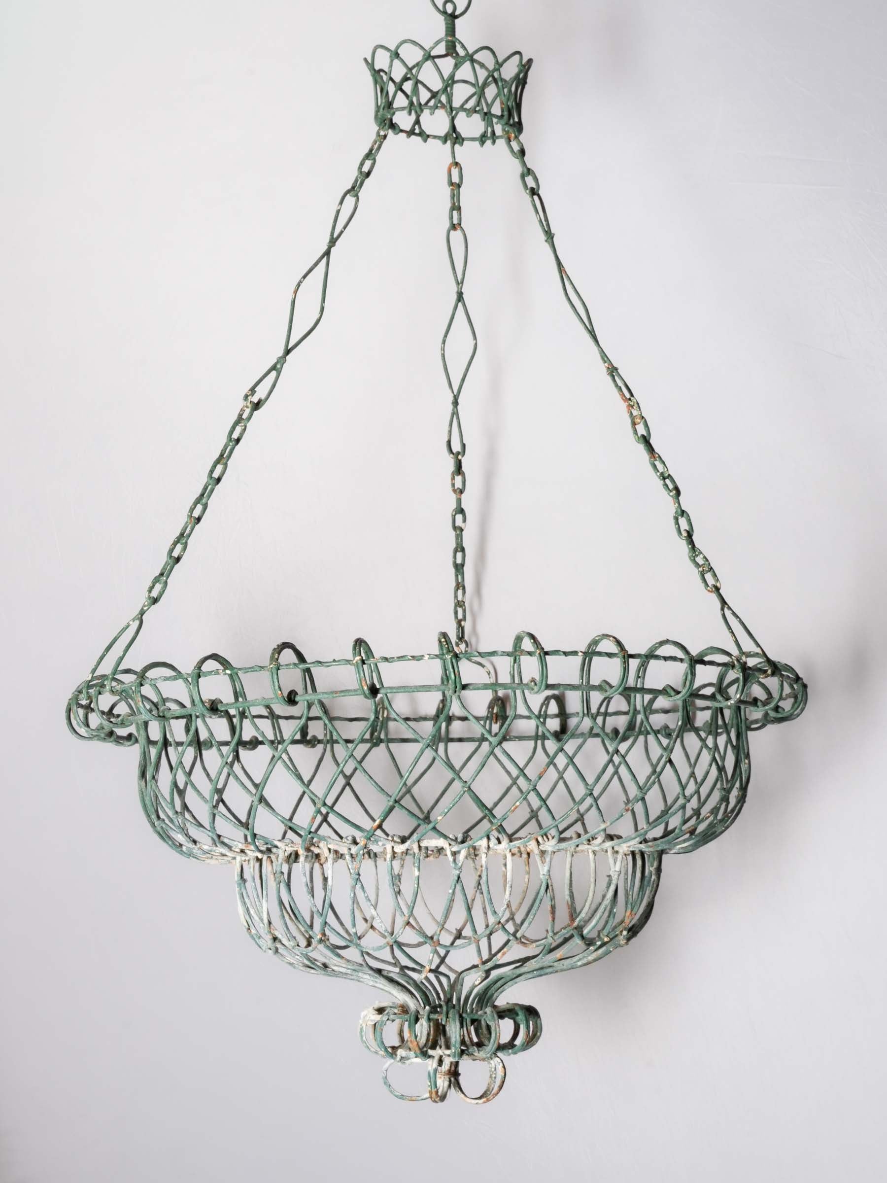 Pair of Hand-Worked French Green-Painted Wire Hanging Jardinières / Baskets, circa 1950 - 38¼"