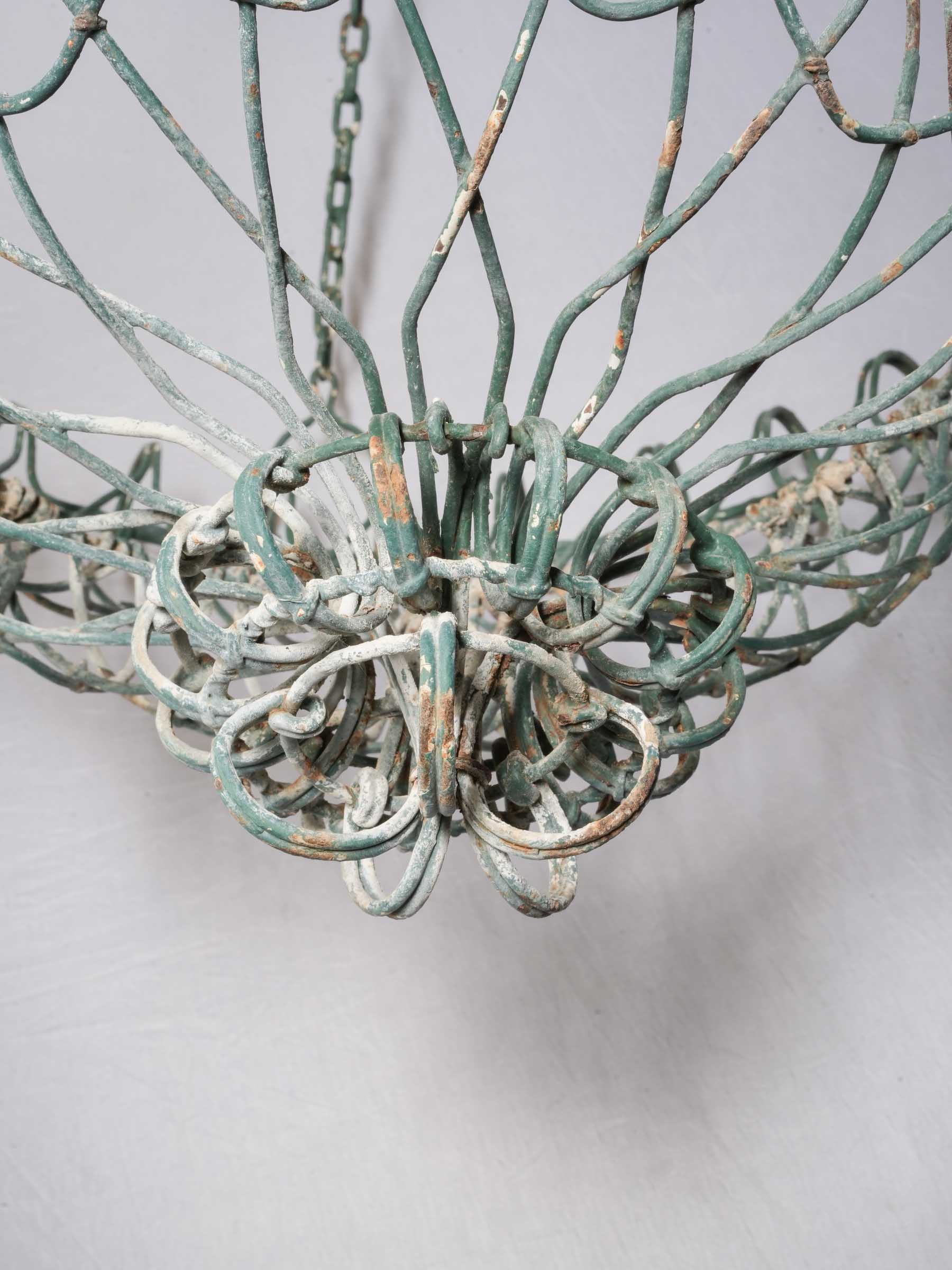 Pair of Hand-Worked French Green-Painted Wire Hanging Jardinières / Baskets, circa 1950 - 38¼"