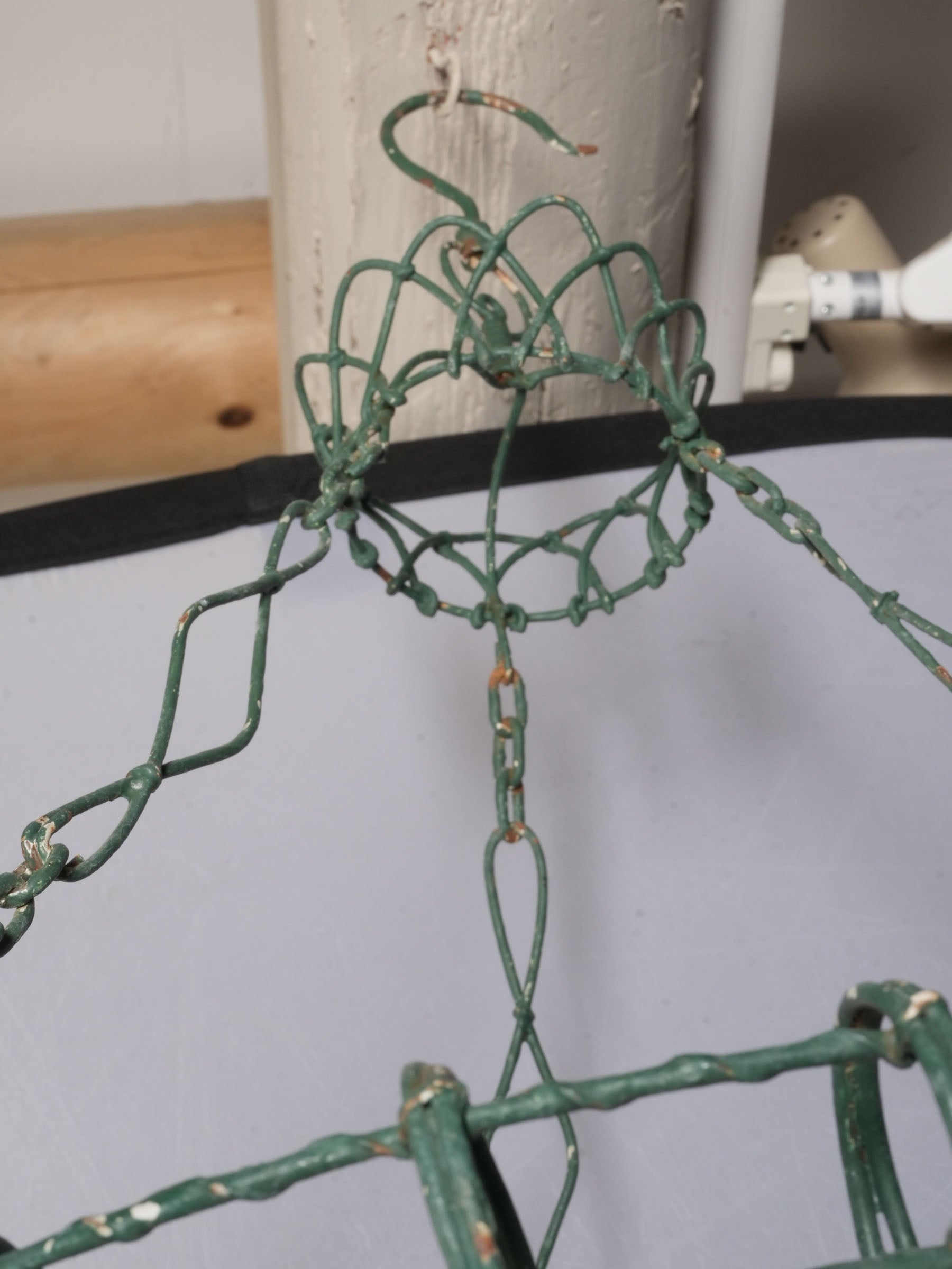 Pair of Hand-Worked French Green-Painted Wire Hanging Jardinières / Baskets, circa 1950 - 38¼"