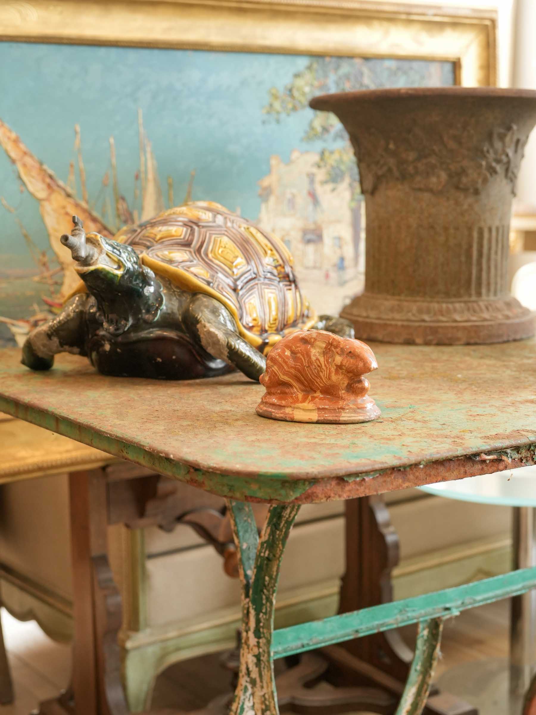 Charming Petite Antique Rabbit Money Box w/ Marbled Glaze - 4¾"