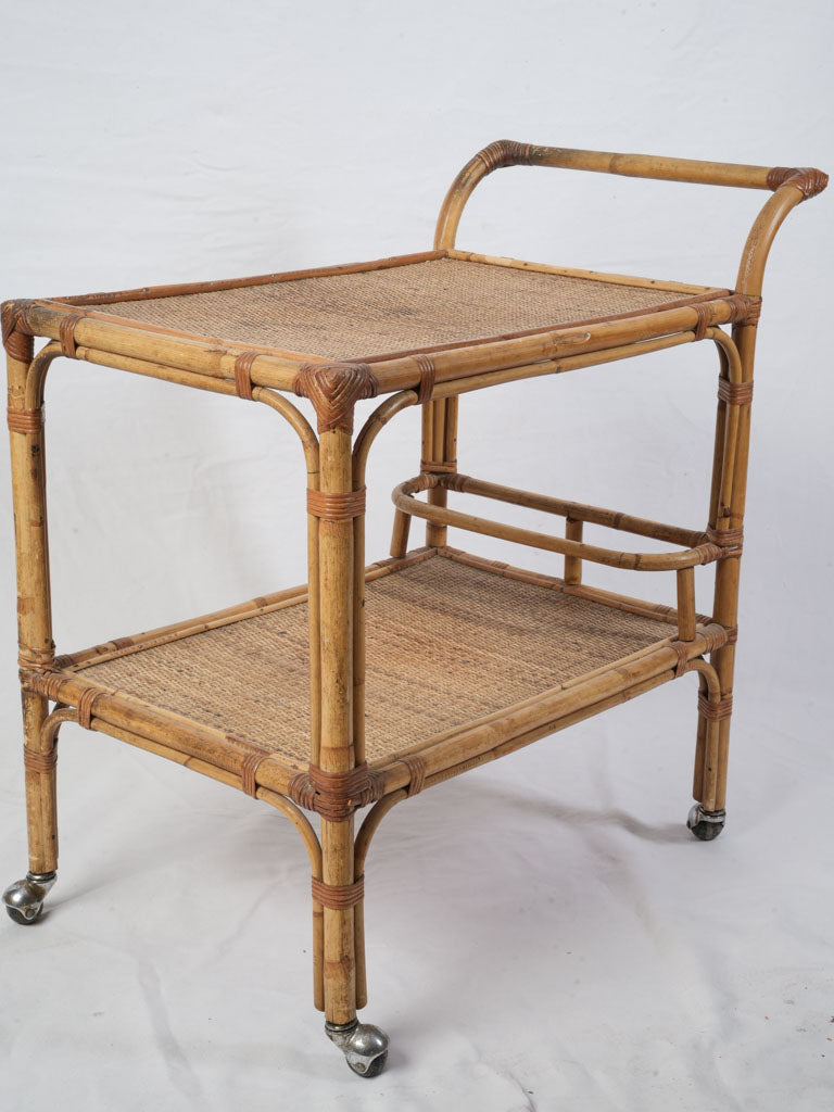 1960s French Bamboo and Rattan Rolling Bar Cart - 31½"