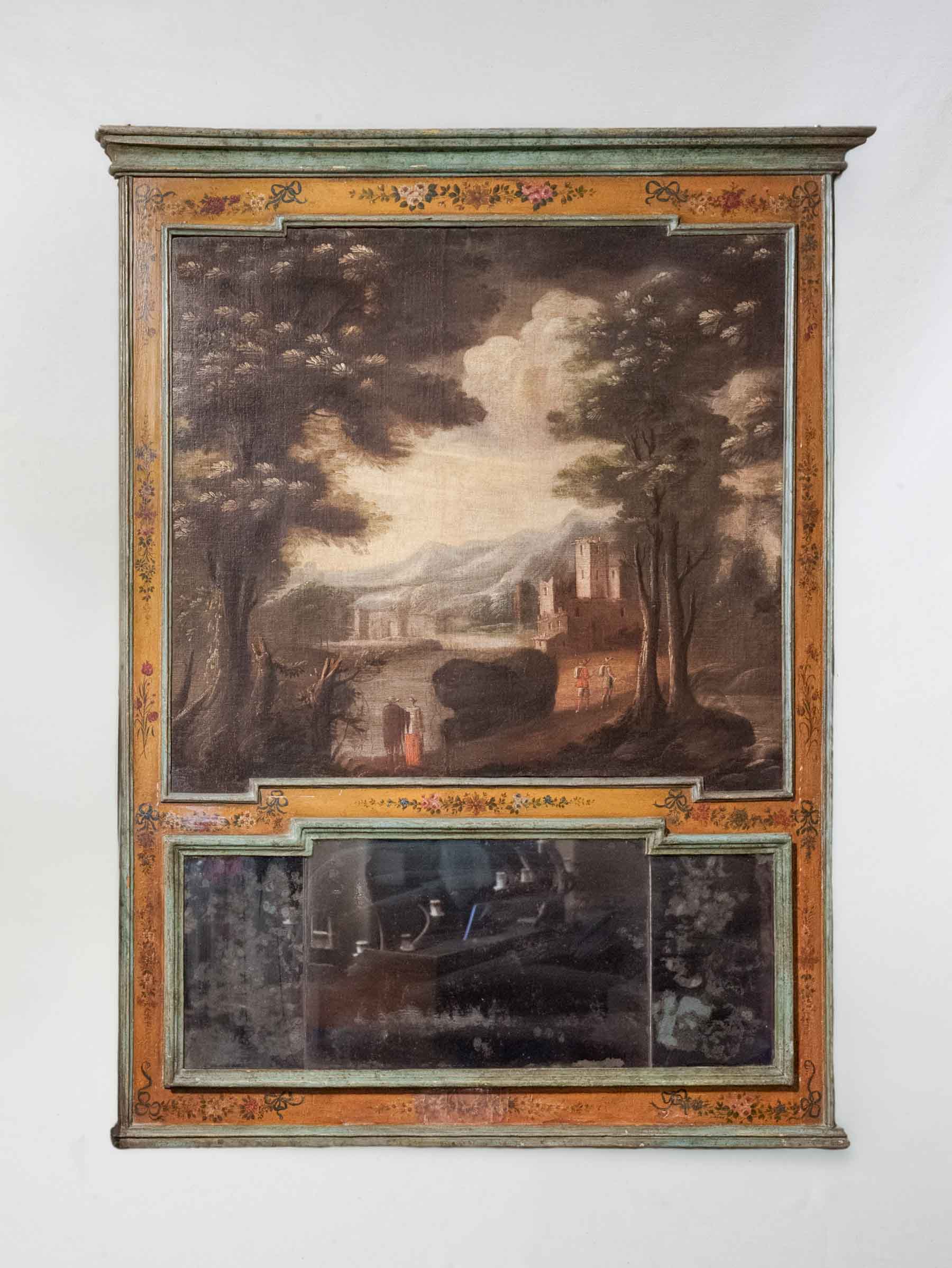 Large Trumeau Mirror w/ Mercury Glass and Capriccio Landscape, circa 1800 - 68½" x 55"