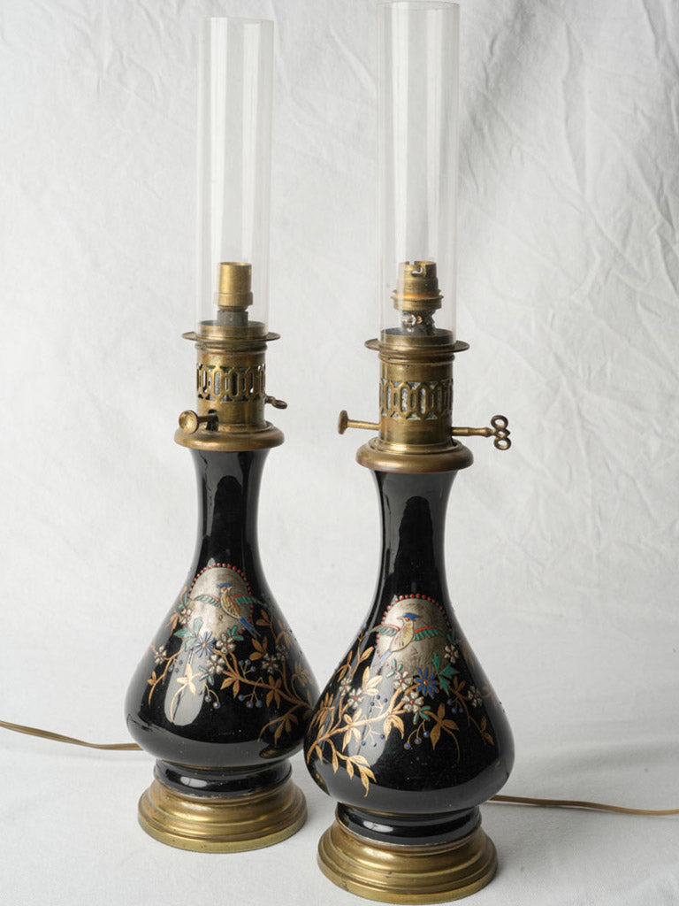 Pair of Elegant Late 19th Century Napoleon III Japonisme Oil Lamps Later Electrified - 22½"