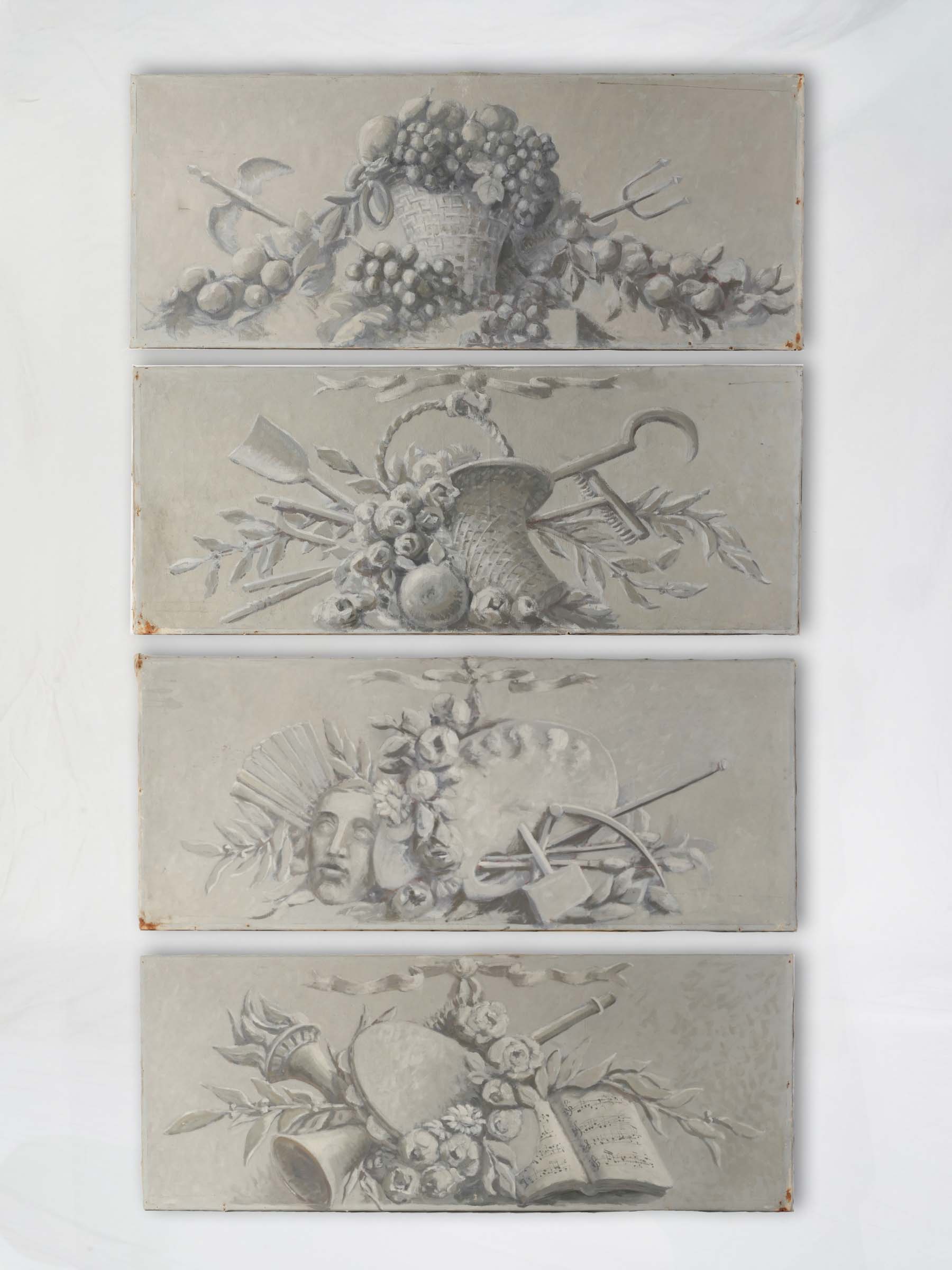 Set of Four Antiwue French Grisaille Decorative Overdoor Panels - 23¾" x 58¼"