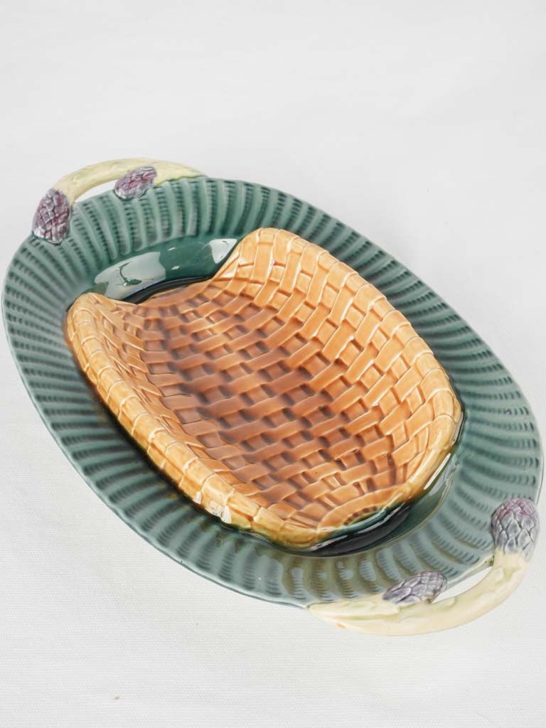 Antique basket-shaped Majolica asparagus cradle 9¾" x 16½"