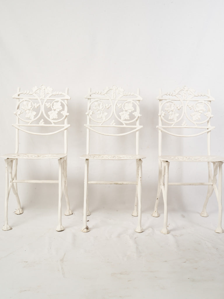 3 Vintage French White Painted Cast Aluminum Garden Chairs w/ Decorative Foliate Backs