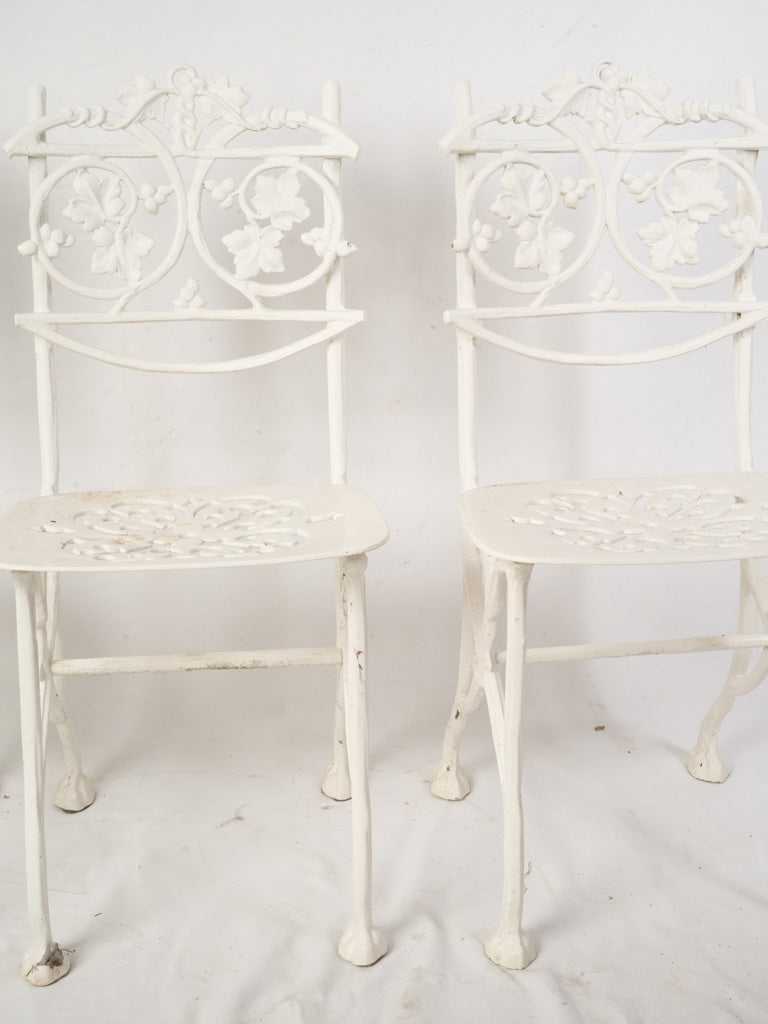 3 Vintage French White Painted Cast Aluminum Garden Chairs w/ Decorative Foliate Backs