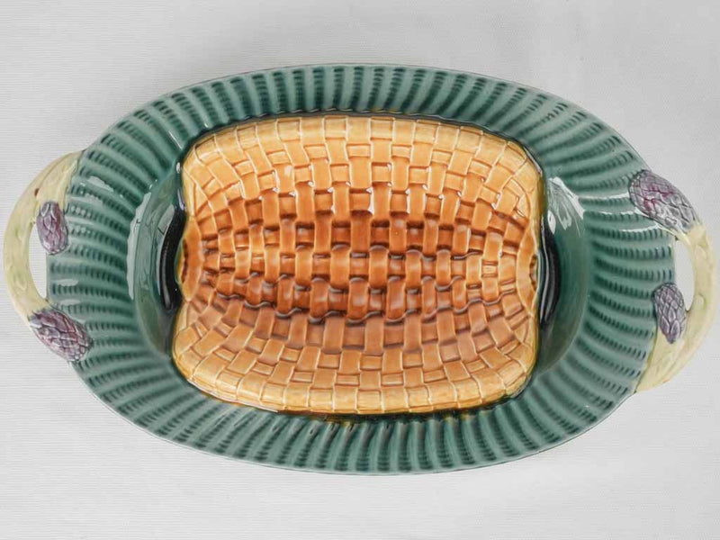 Antique basket-shaped Majolica asparagus cradle 9¾" x 16½"