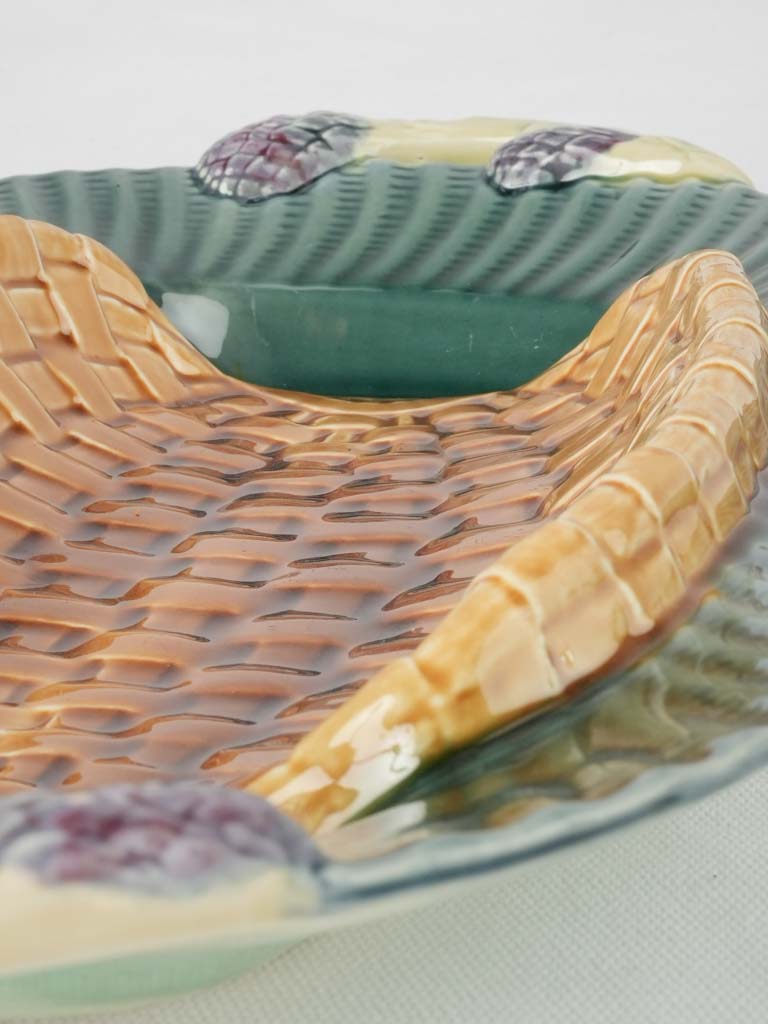 Antique basket-shaped Majolica asparagus cradle 9¾" x 16½"