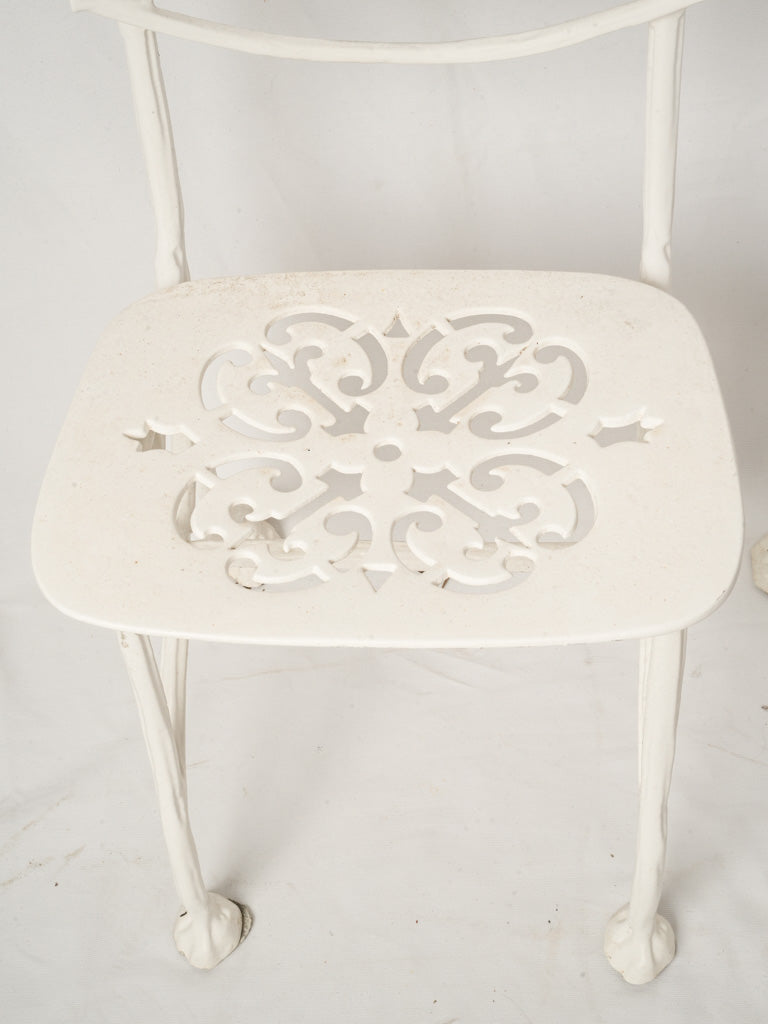 3 Vintage French White Painted Cast Aluminum Garden Chairs w/ Decorative Foliate Backs