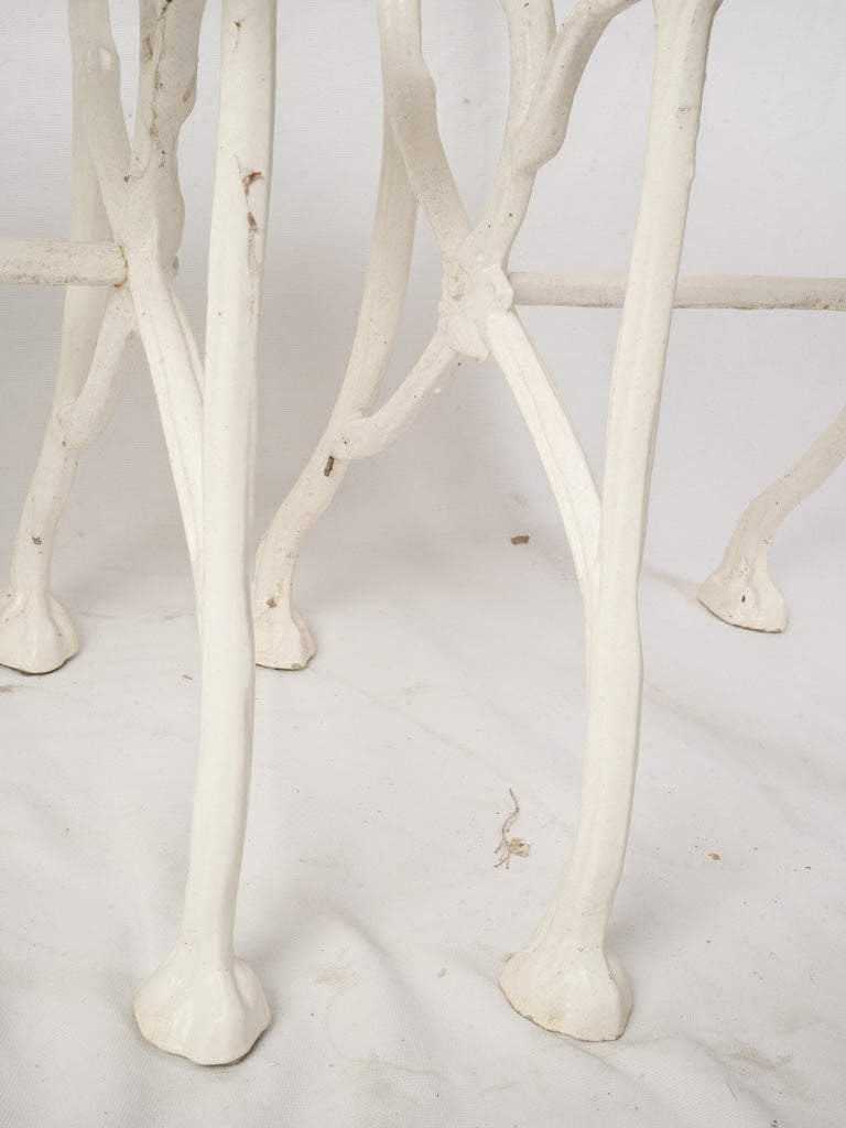 3 Vintage French White Painted Cast Aluminum Garden Chairs w/ Decorative Foliate Backs