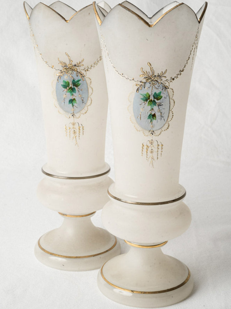 Pair of Antique French White Opaline-Type Glass Vases - 13½