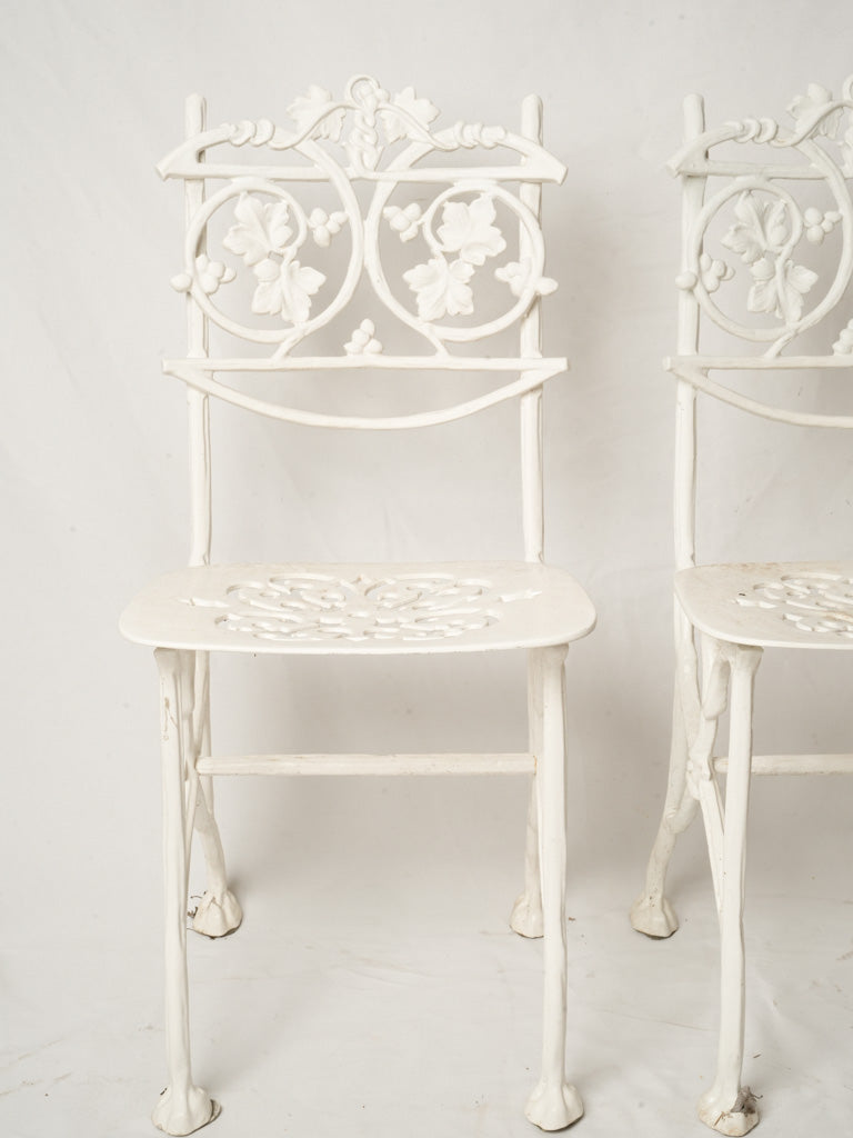 3 Vintage French White Painted Cast Aluminum Garden Chairs w/ Decorative Foliate Backs