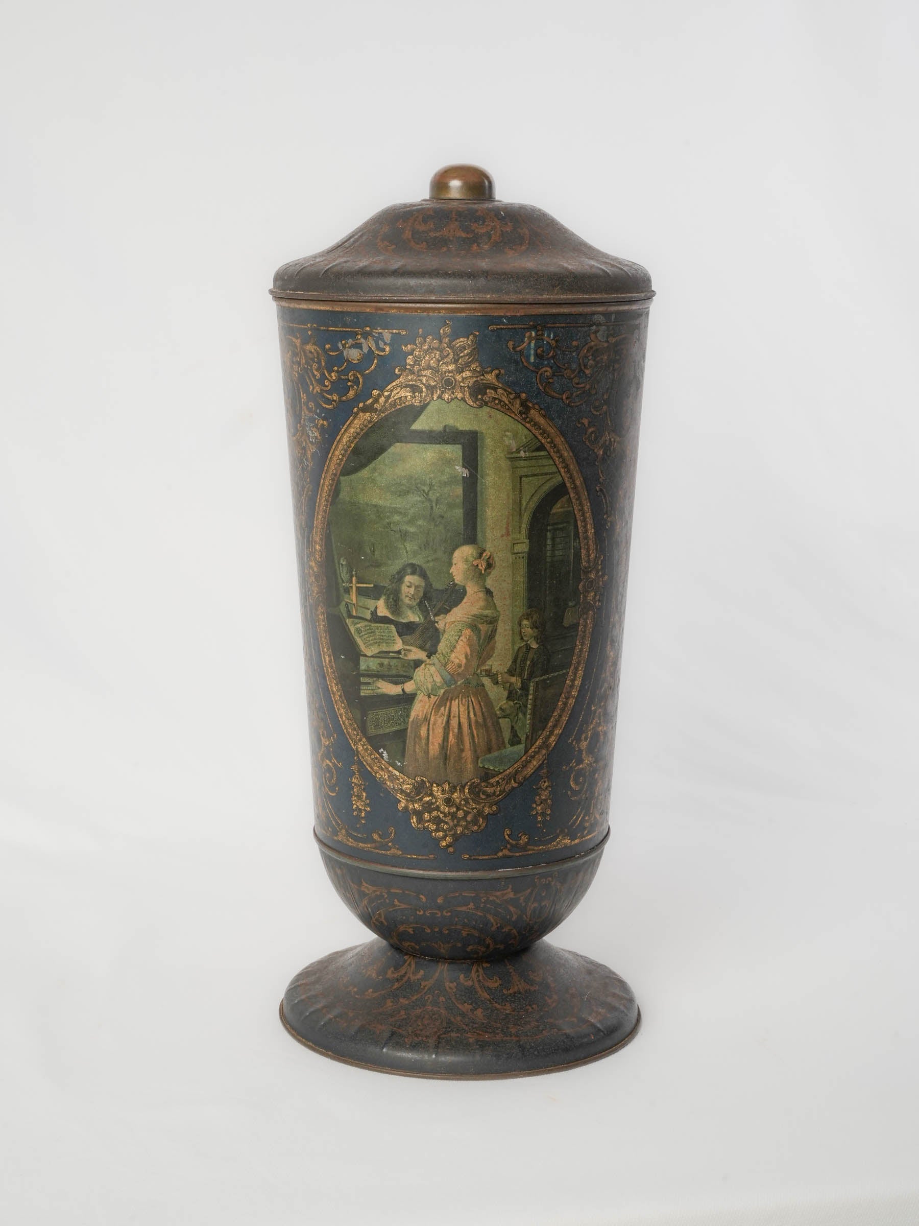 Tall Antique Biscuit Tin w/ Vermeer Scenes - 4¼"