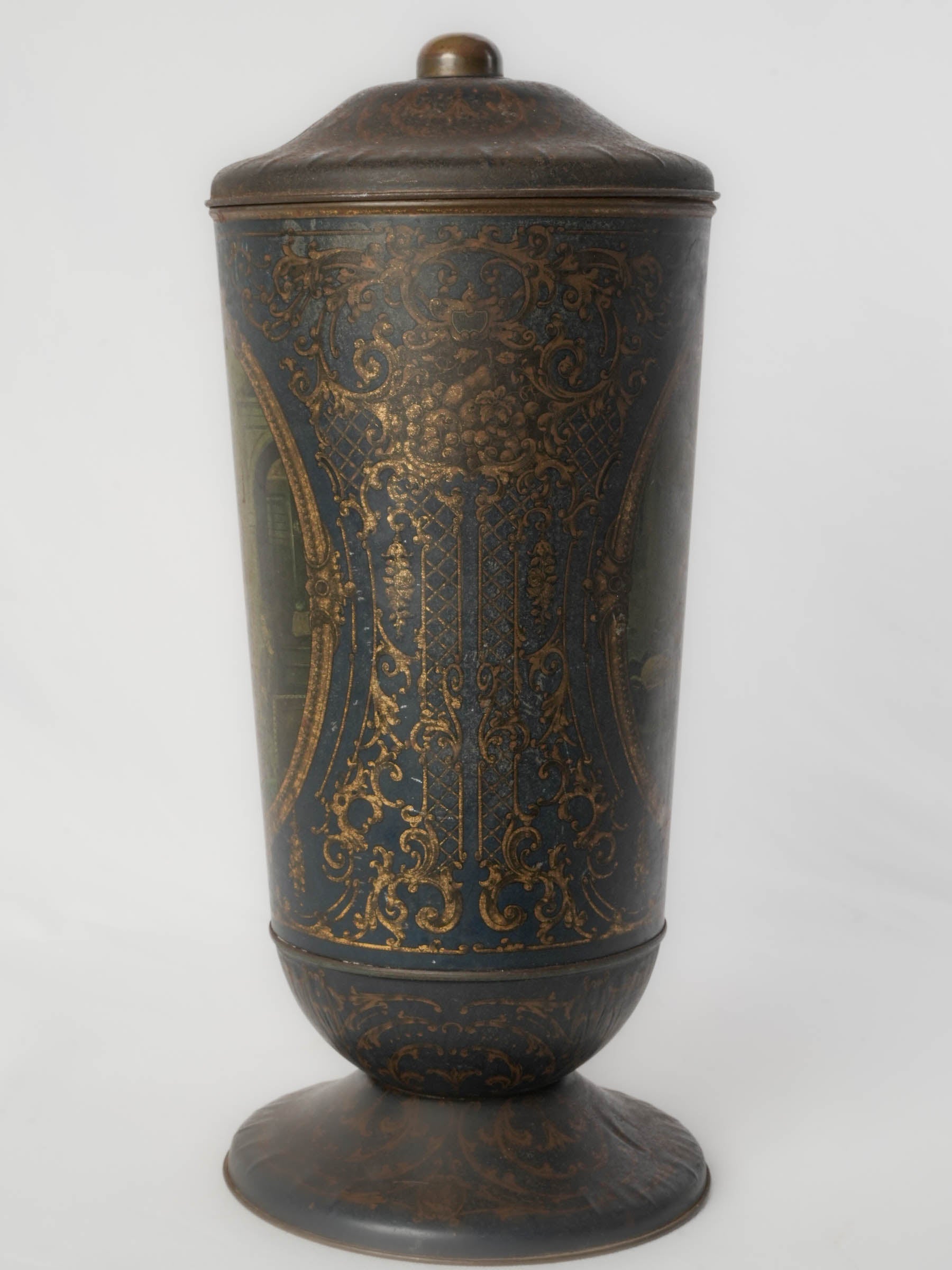 Tall Antique Biscuit Tin w/ Vermeer Scenes - 4¼"