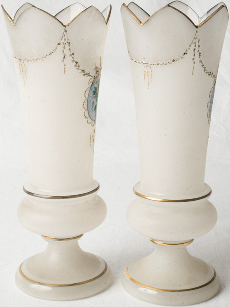 Gilded white enamelled glass vases  