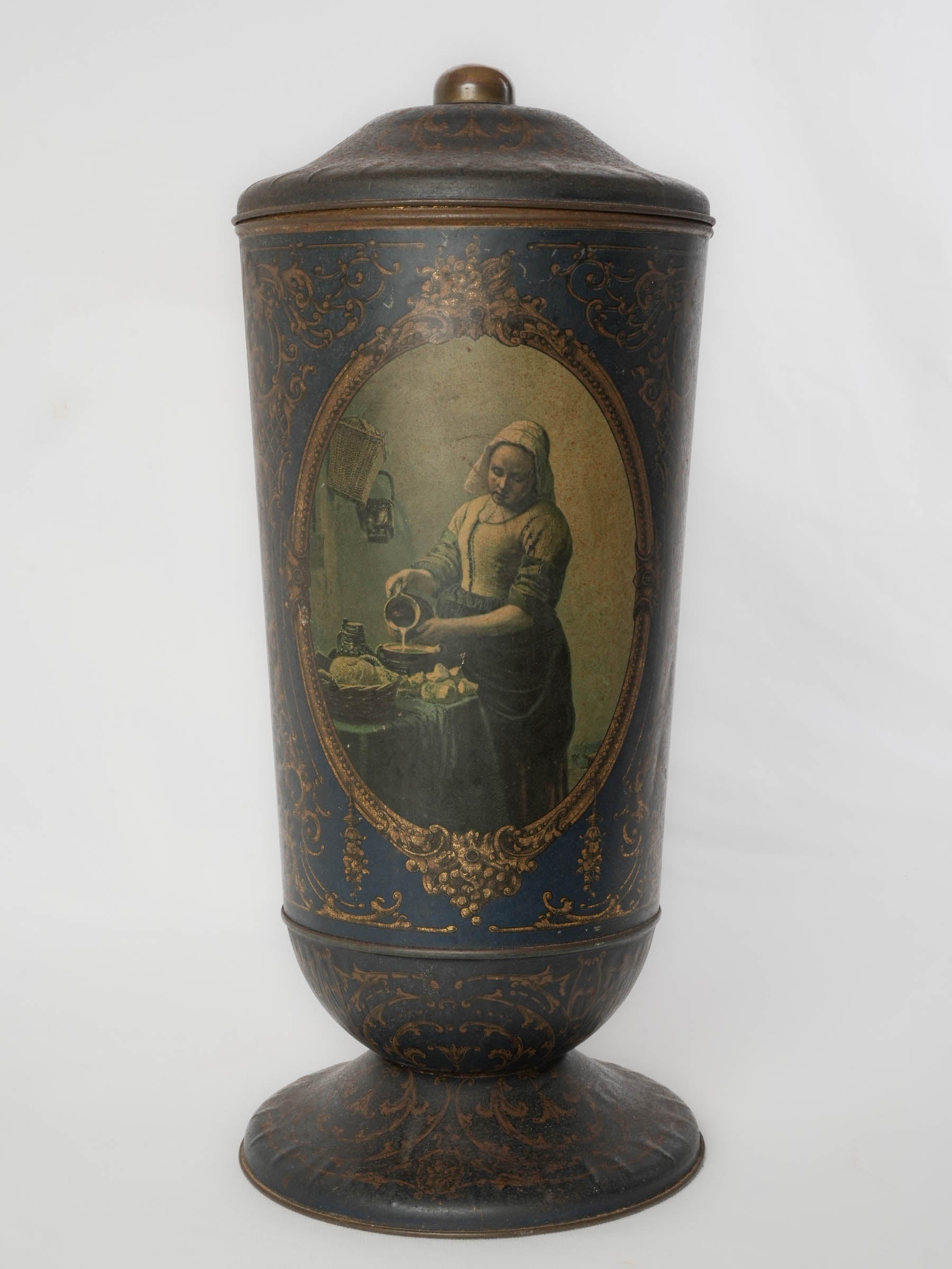 Tall Antique Biscuit Tin w/ Vermeer Scenes - 4¼"