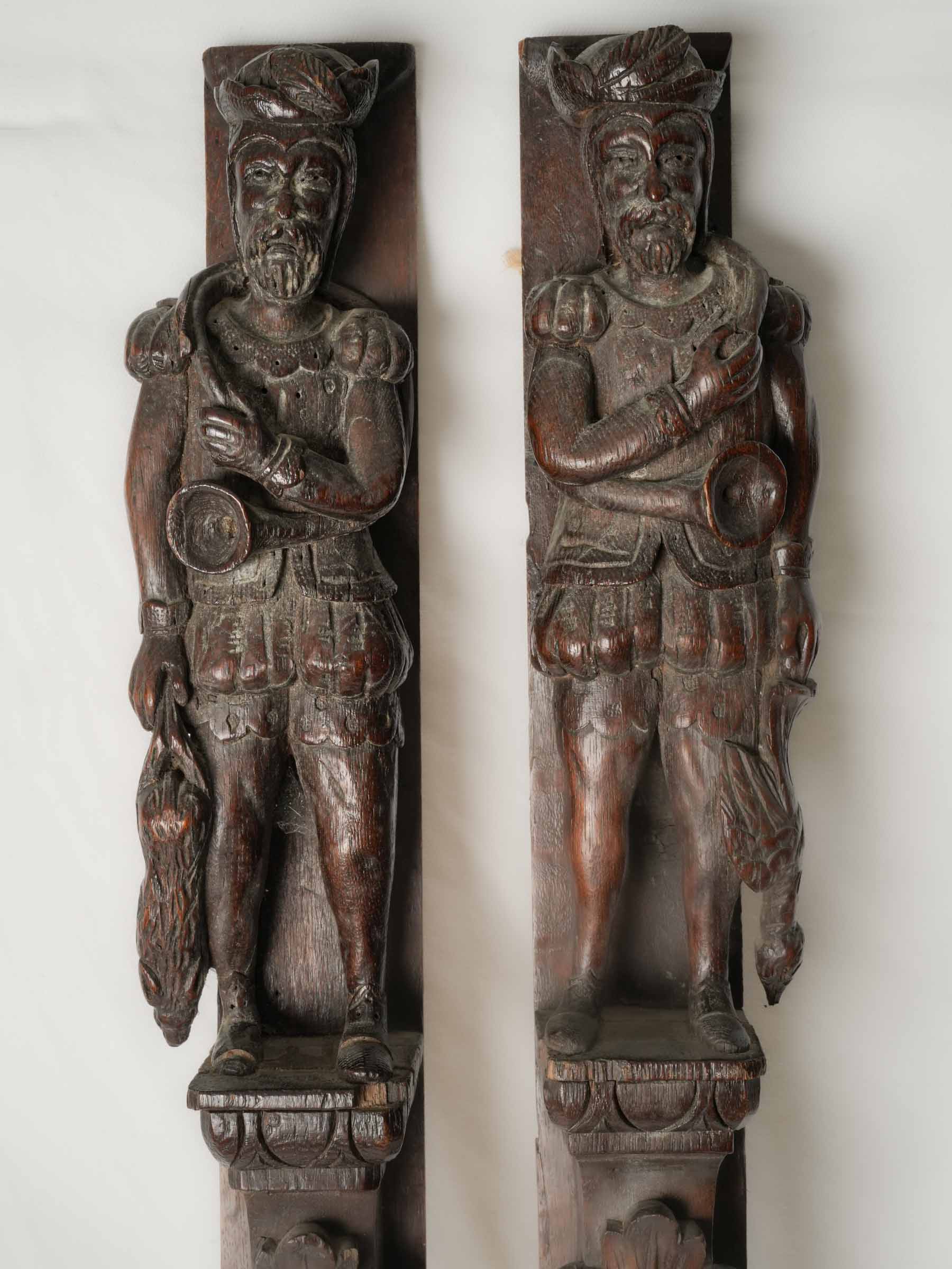 Rare Pair of Carved Oak Hunting-Themed Architectural Panels - 45¼" x 4¼"
