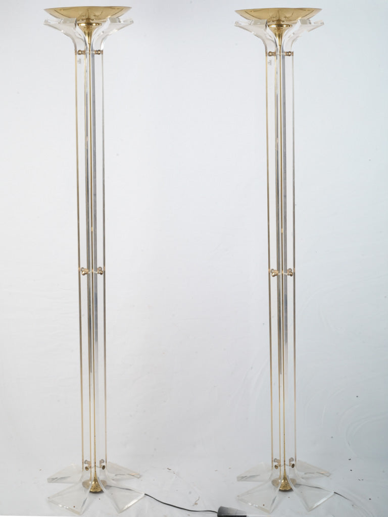 Pair of Elegant Italian 1970s Brass and Plexiglas Halogen Floor Lamps - 75¼"