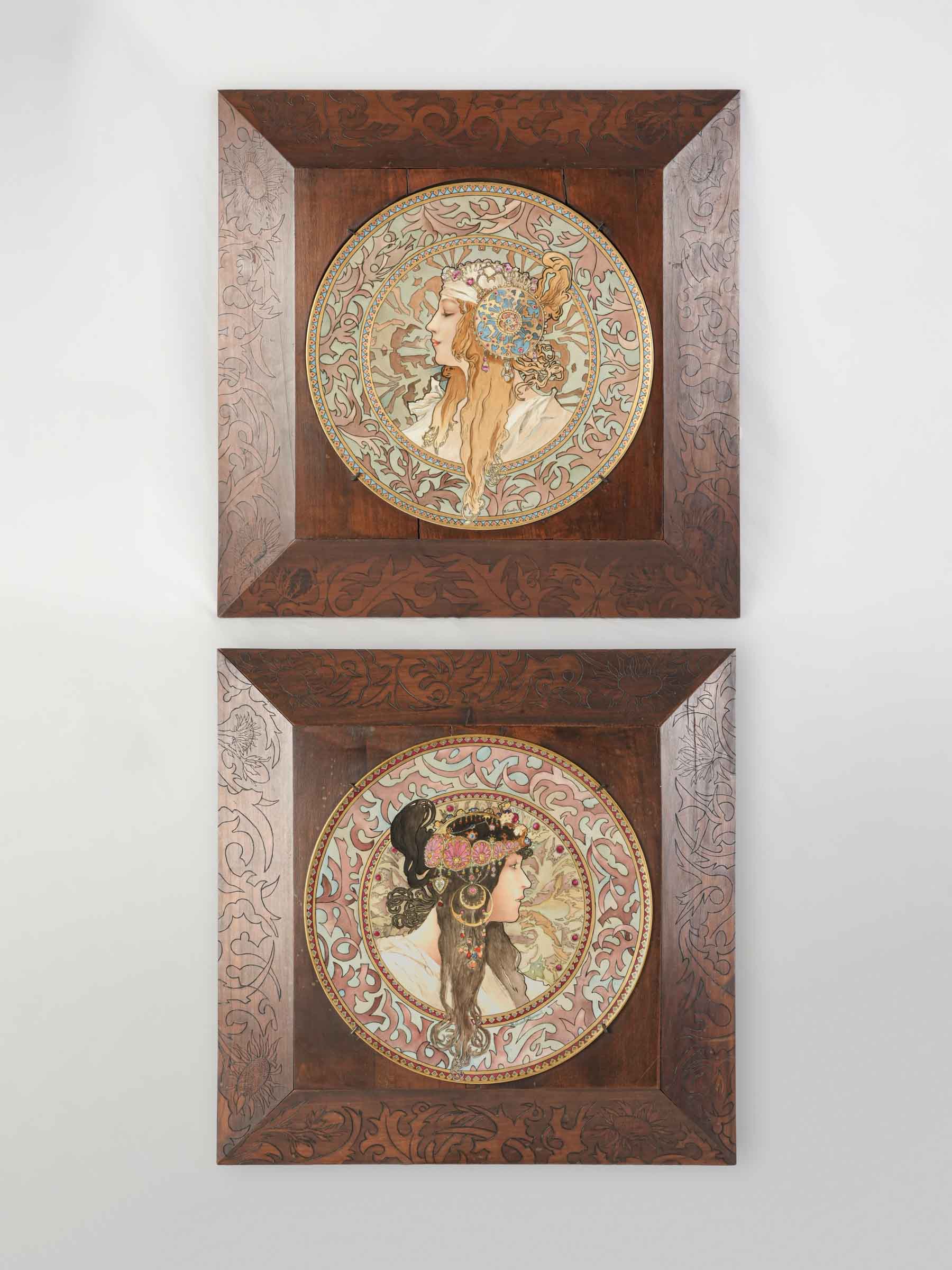 Exceptional Pair of Framed  Art Nouveau Ceramic Plaques after Mucha - 24¾" x 25¼"