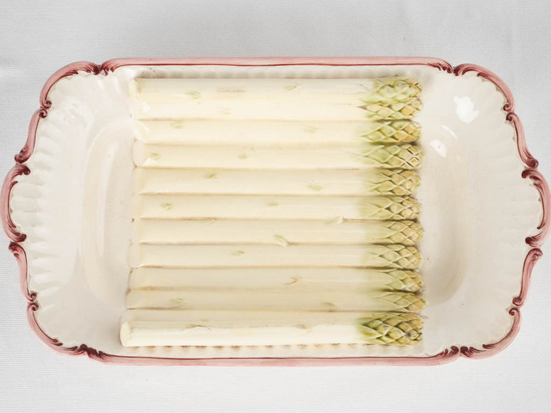 Antique French majolica asparagus platter  with pink border - Sarreguemines 2497 - 9" x15¾"