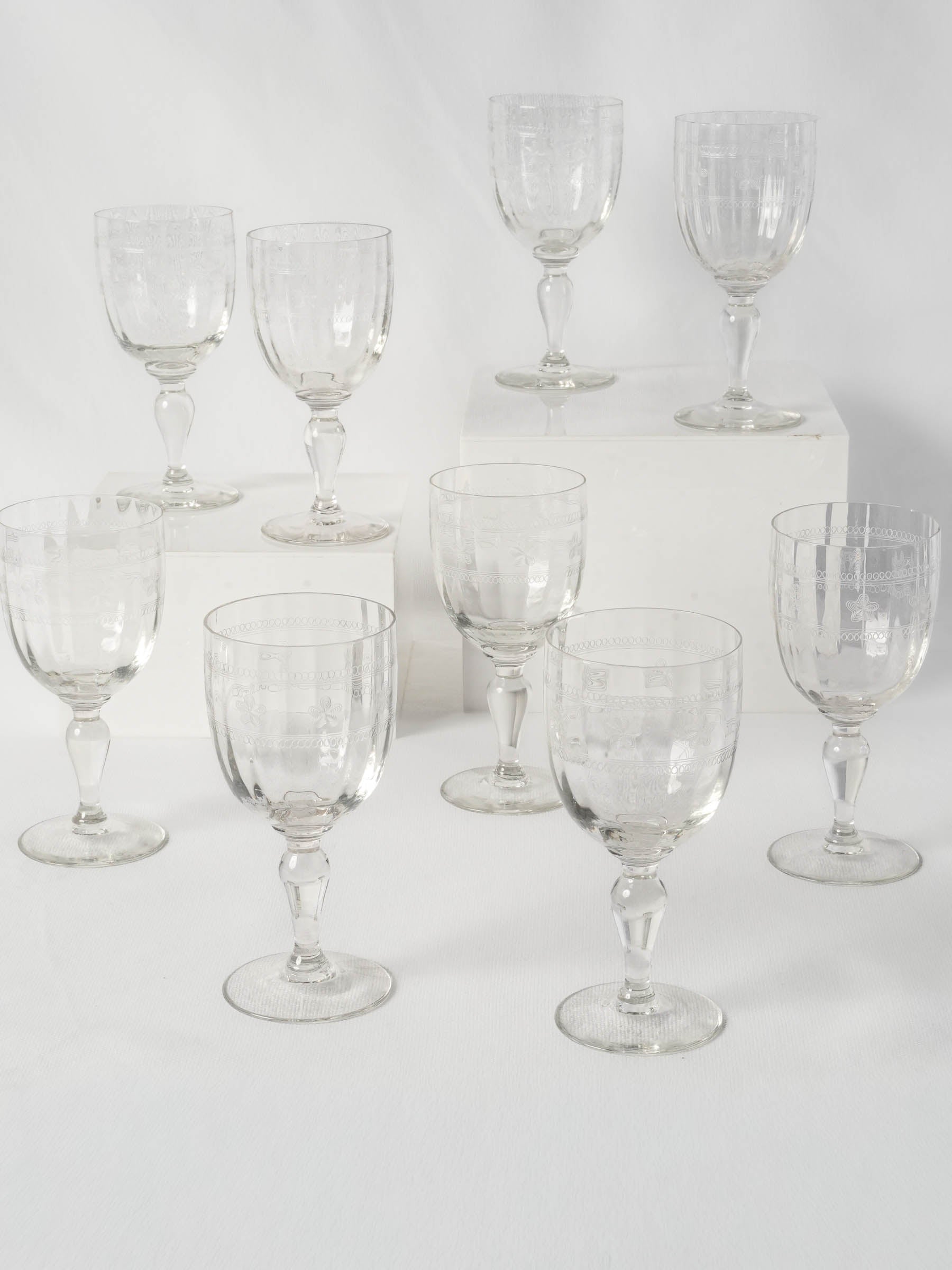 Set of 9 French Hand-Engraved Water or Wine Glasses, Early 20th Century - 7½"