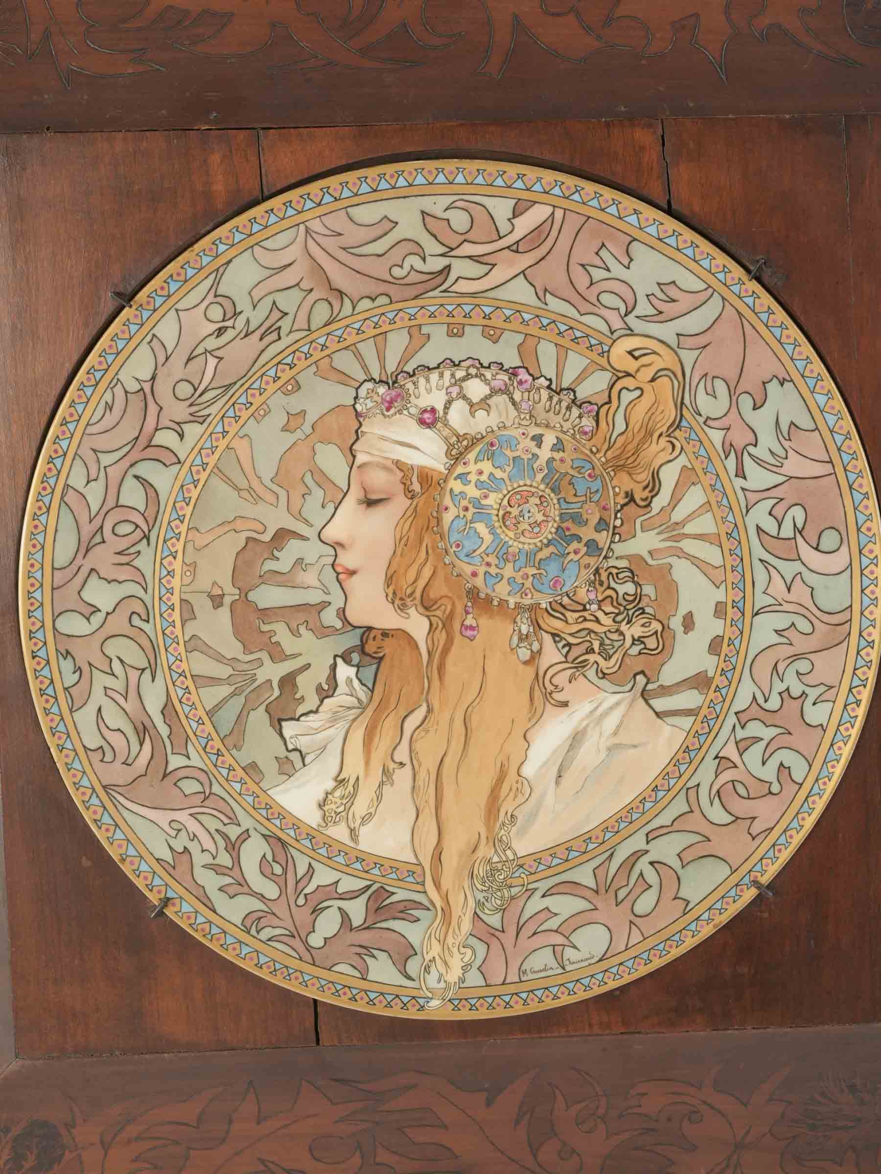 Exceptional Pair of Framed  Art Nouveau Ceramic Plaques after Mucha - 24¾" x 25¼"