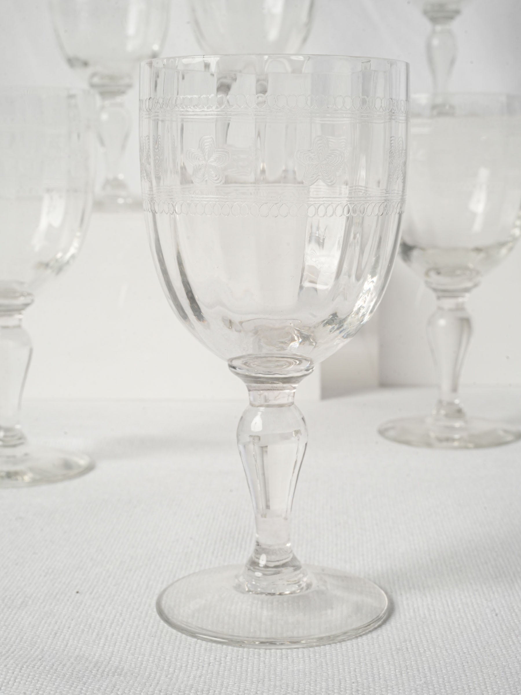 Set of 9 French Hand-Engraved Water or Wine Glasses, Early 20th Century - 7½"