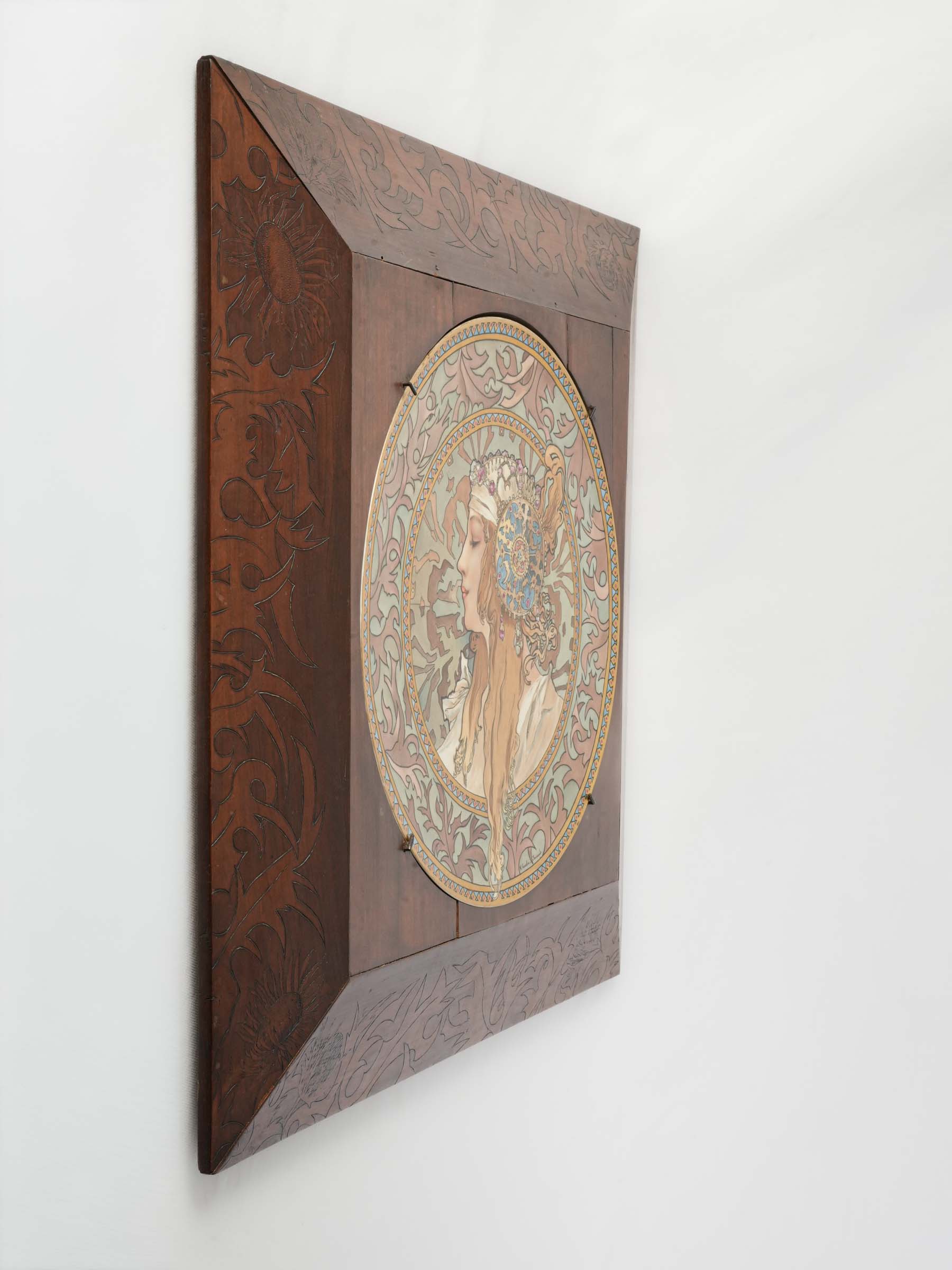 Exceptional Pair of Framed  Art Nouveau Ceramic Plaques after Mucha - 24¾" x 25¼"