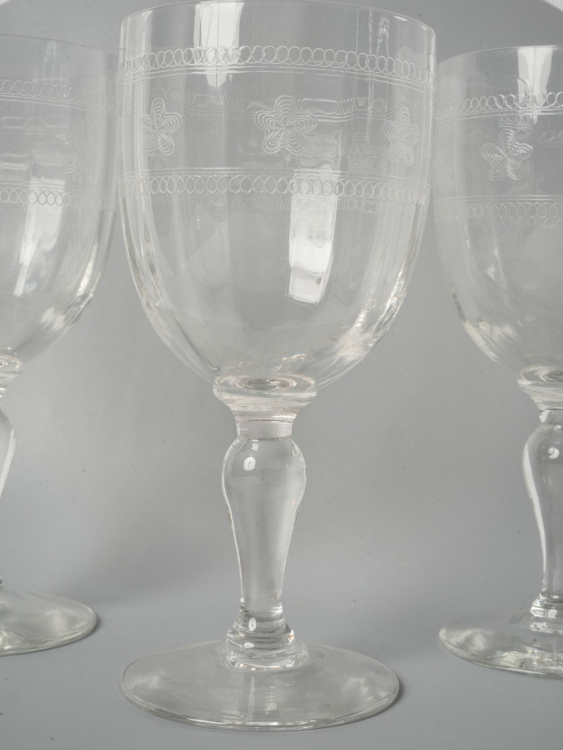 Set of 9 French Hand-Engraved Water or Wine Glasses, Early 20th Century - 7½"