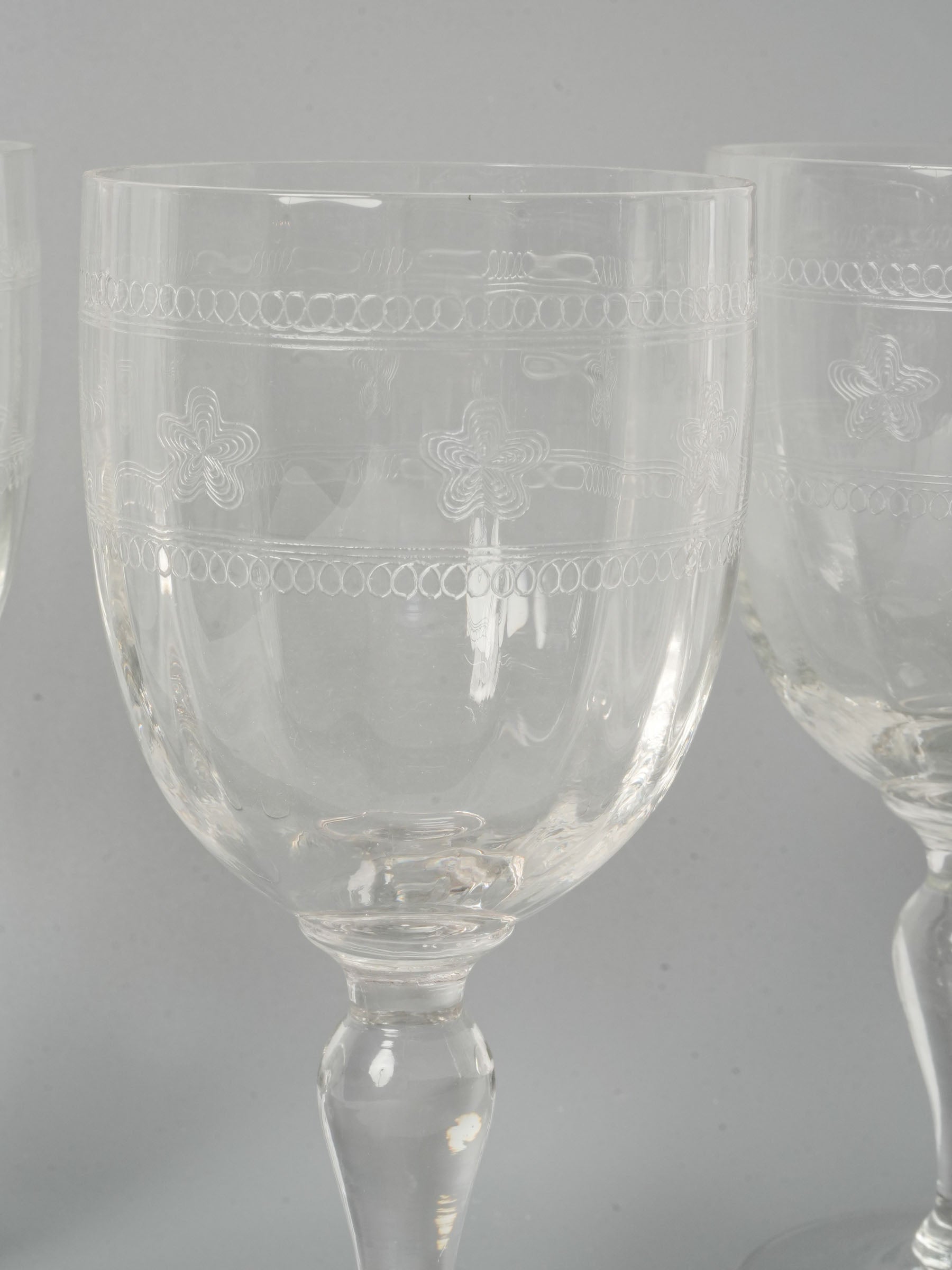 Set of 9 French Hand-Engraved Water or Wine Glasses, Early 20th Century - 7½"
