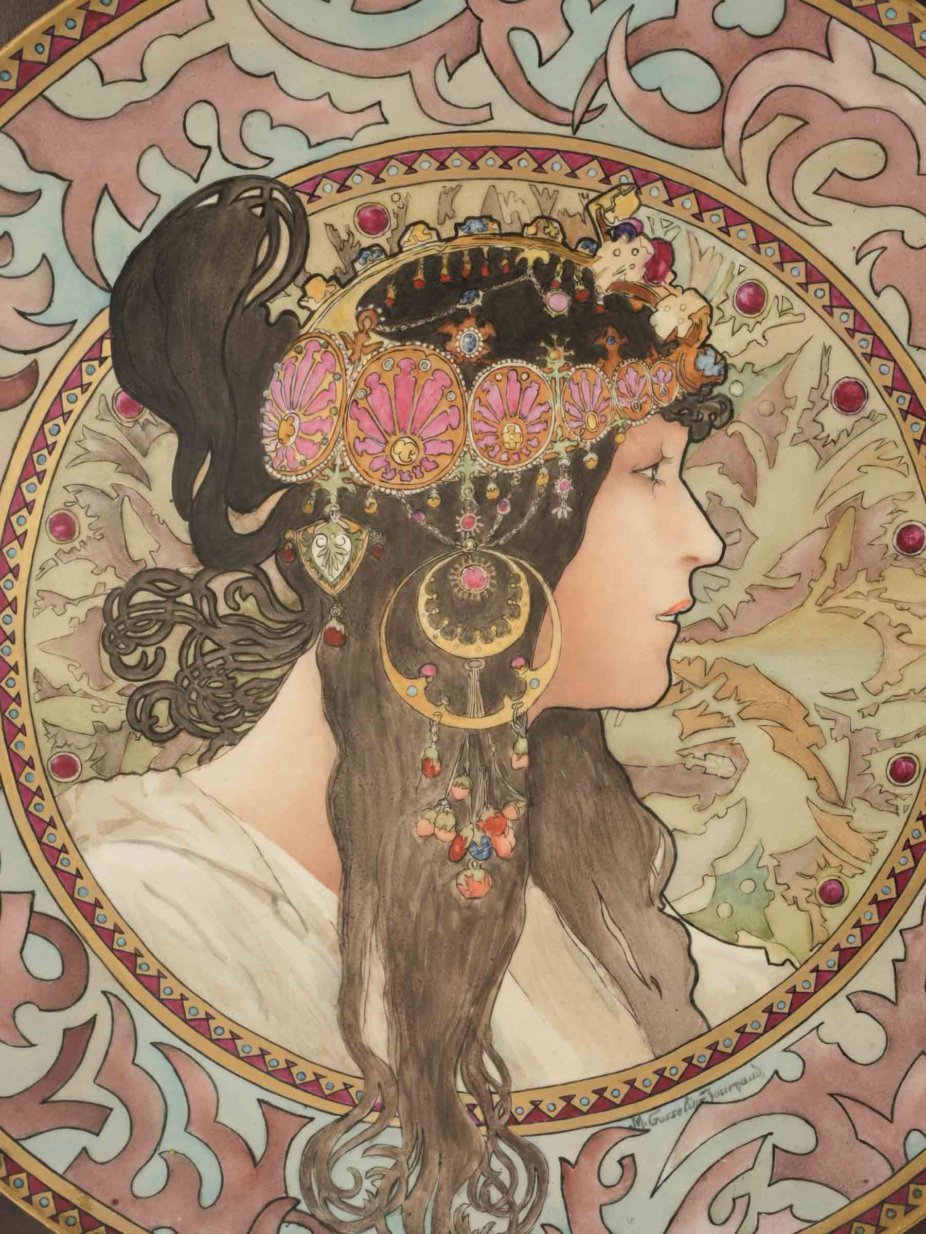 Exceptional Pair of Framed  Art Nouveau Ceramic Plaques after Mucha - 24¾" x 25¼"