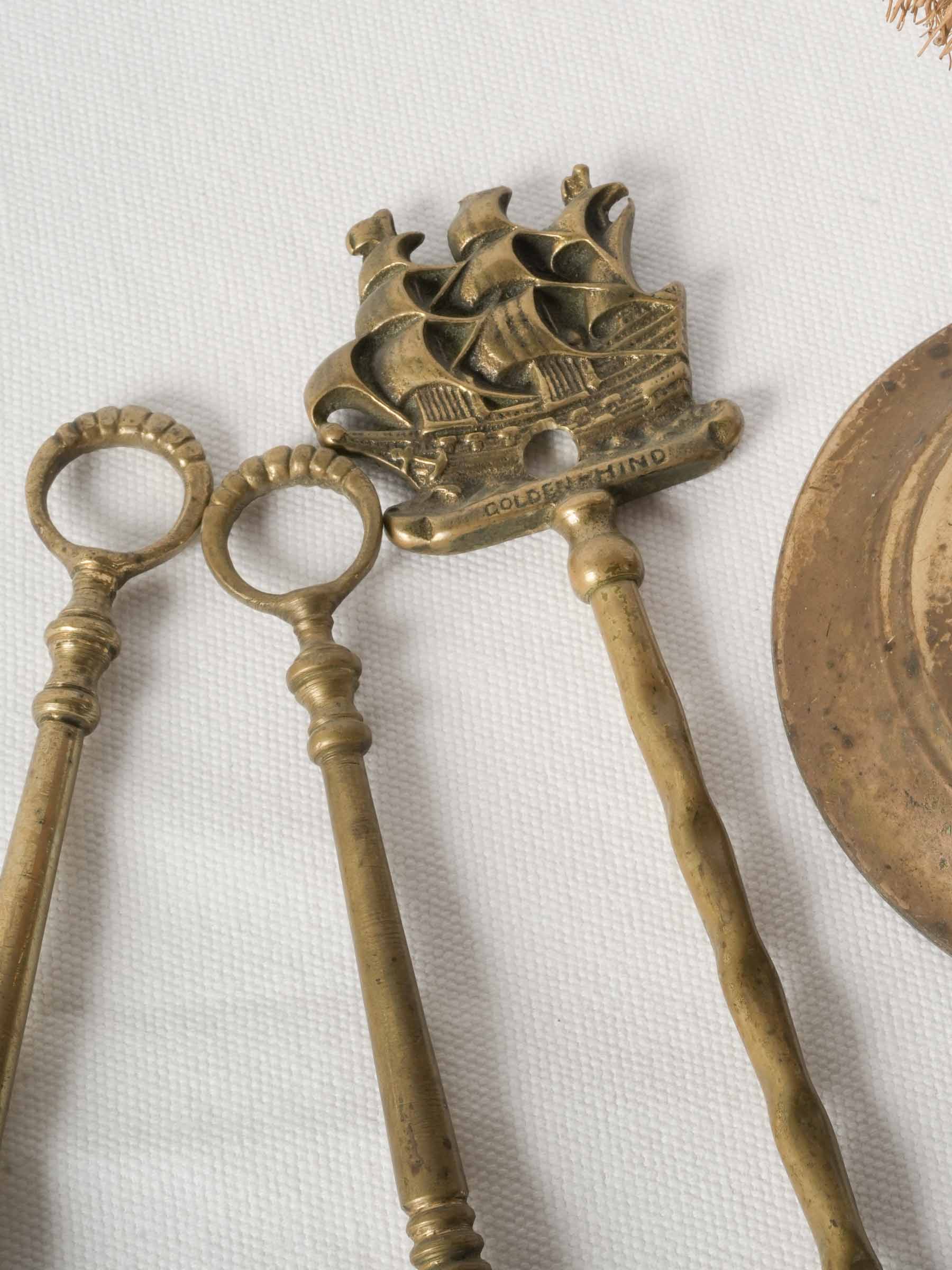 English Brass Fireplace Tool Set w/ Golden Hind Nautical Motif