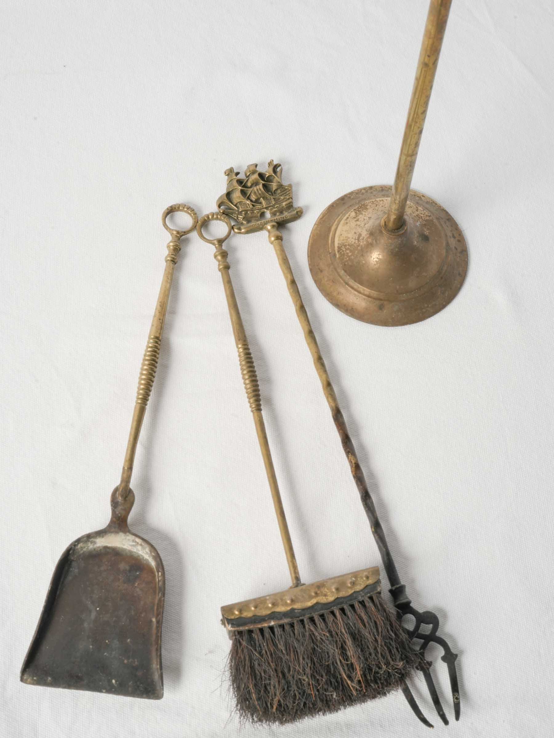English Brass Fireplace Tool Set w/ Golden Hind Nautical Motif