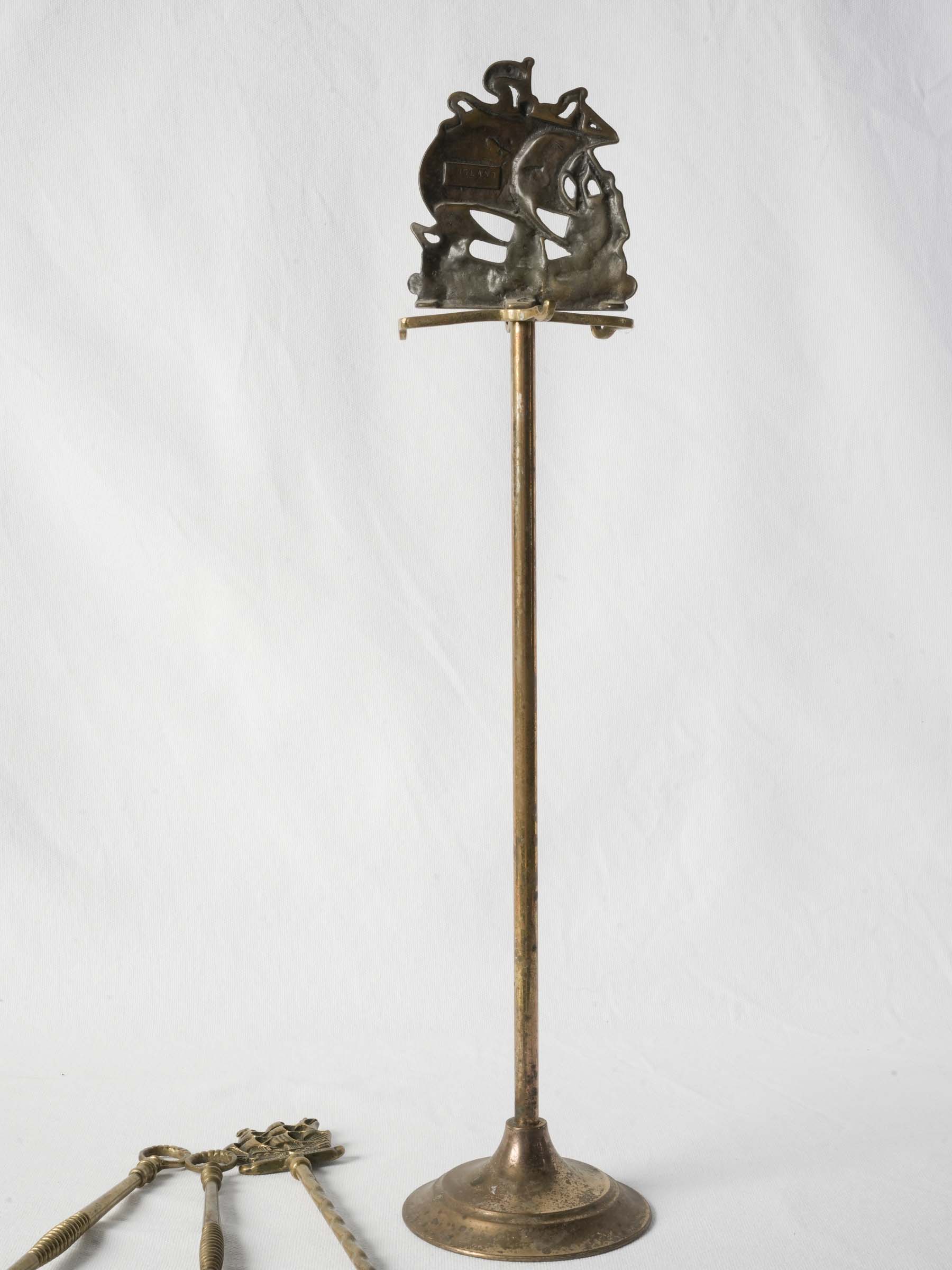 English Brass Fireplace Tool Set w/ Golden Hind Nautical Motif