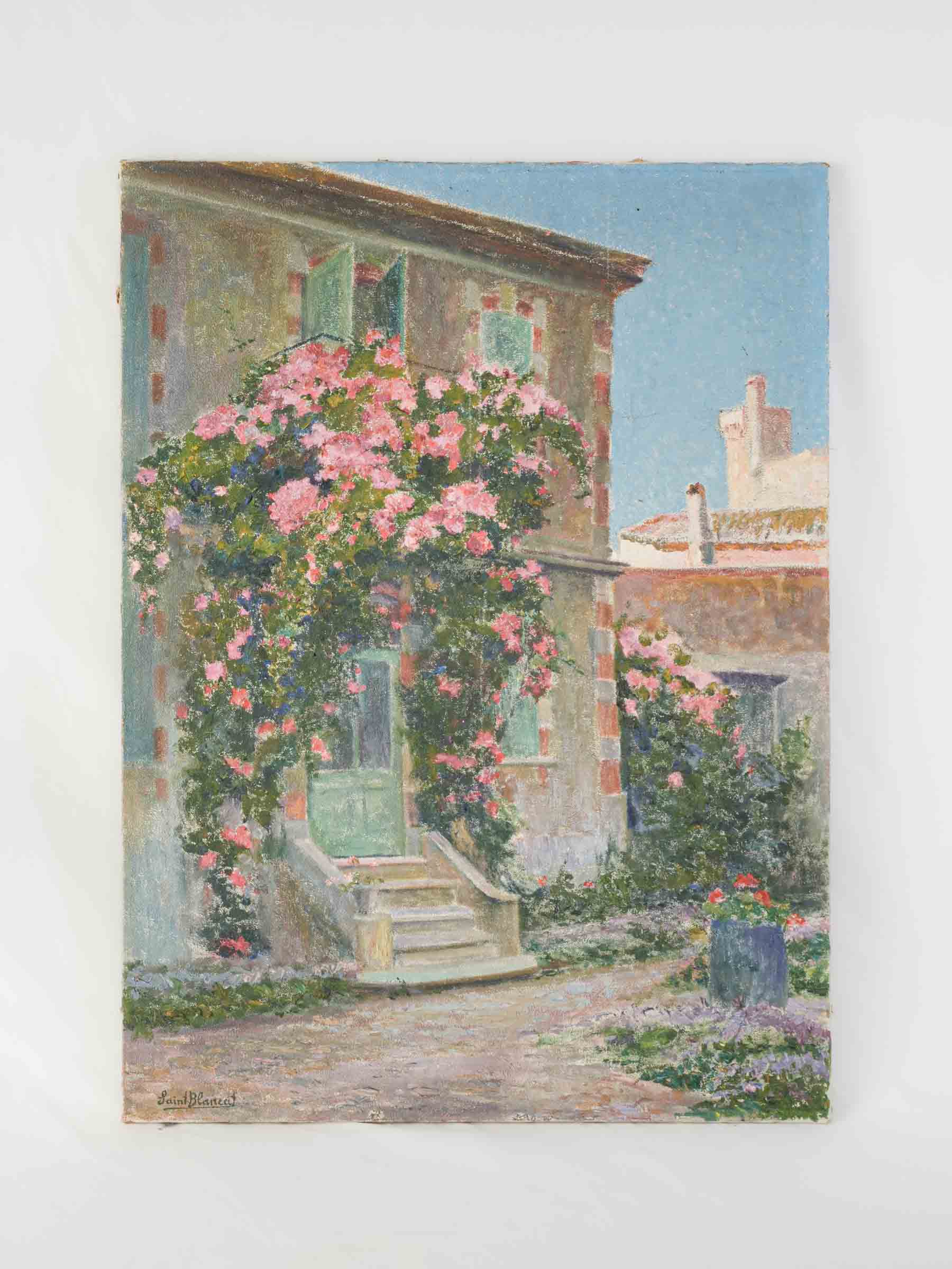 Sunlit Provençal Village House with Roses, Mid-20th Century Oil on Canvas - 32¼" x 23¾"