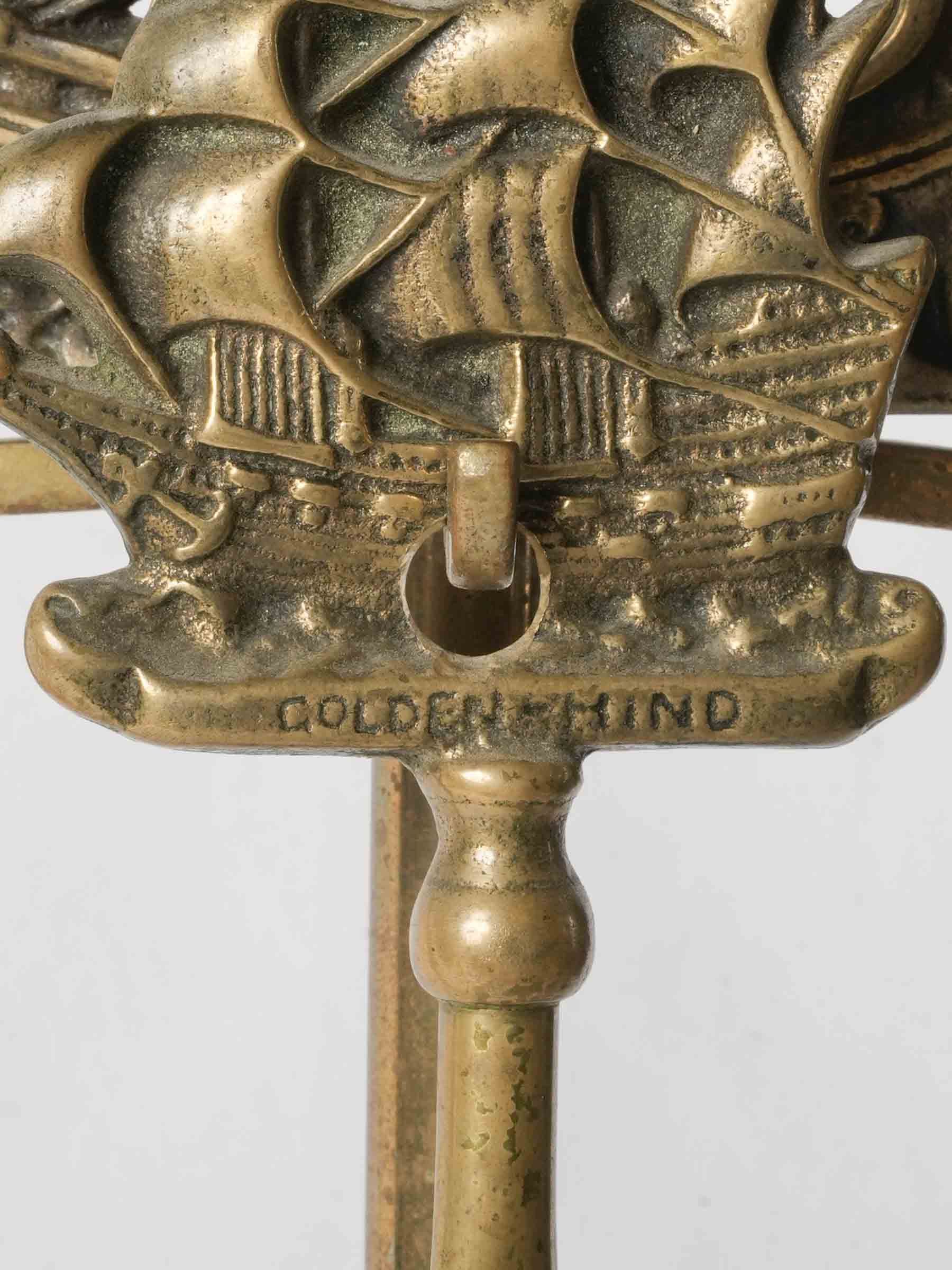 English Brass Fireplace Tool Set w/ Golden Hind Nautical Motif