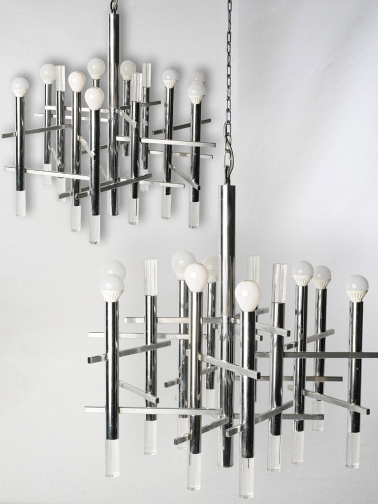 Pair of Italian Space Age Chrome and Acrylic Chandeliers by Gaetano Sciolari - 24¾" x 24¾"