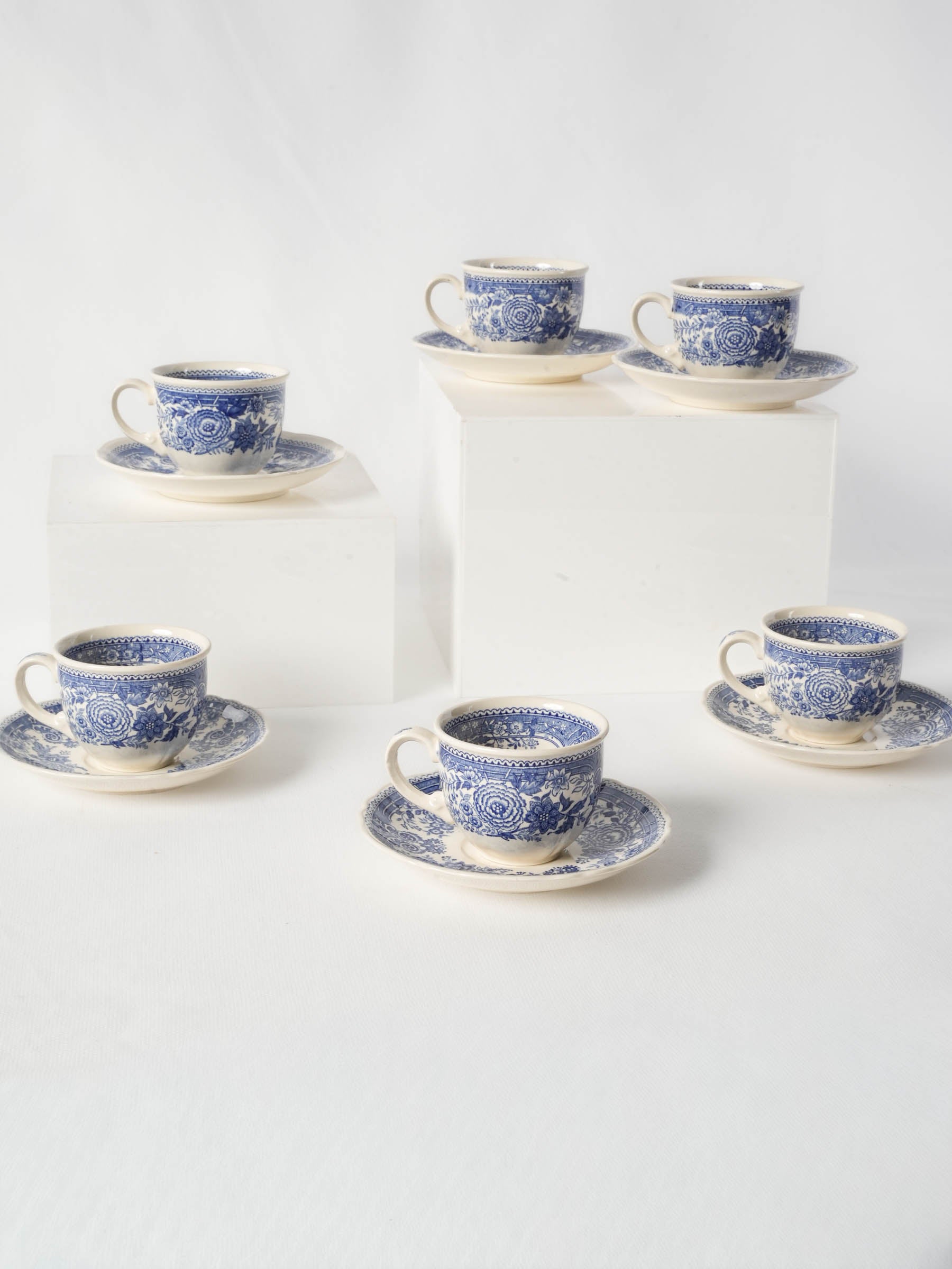 Vintage Villeroy & Boch Burgenland Blue and White Coffee Cups Saucers, Set of 6