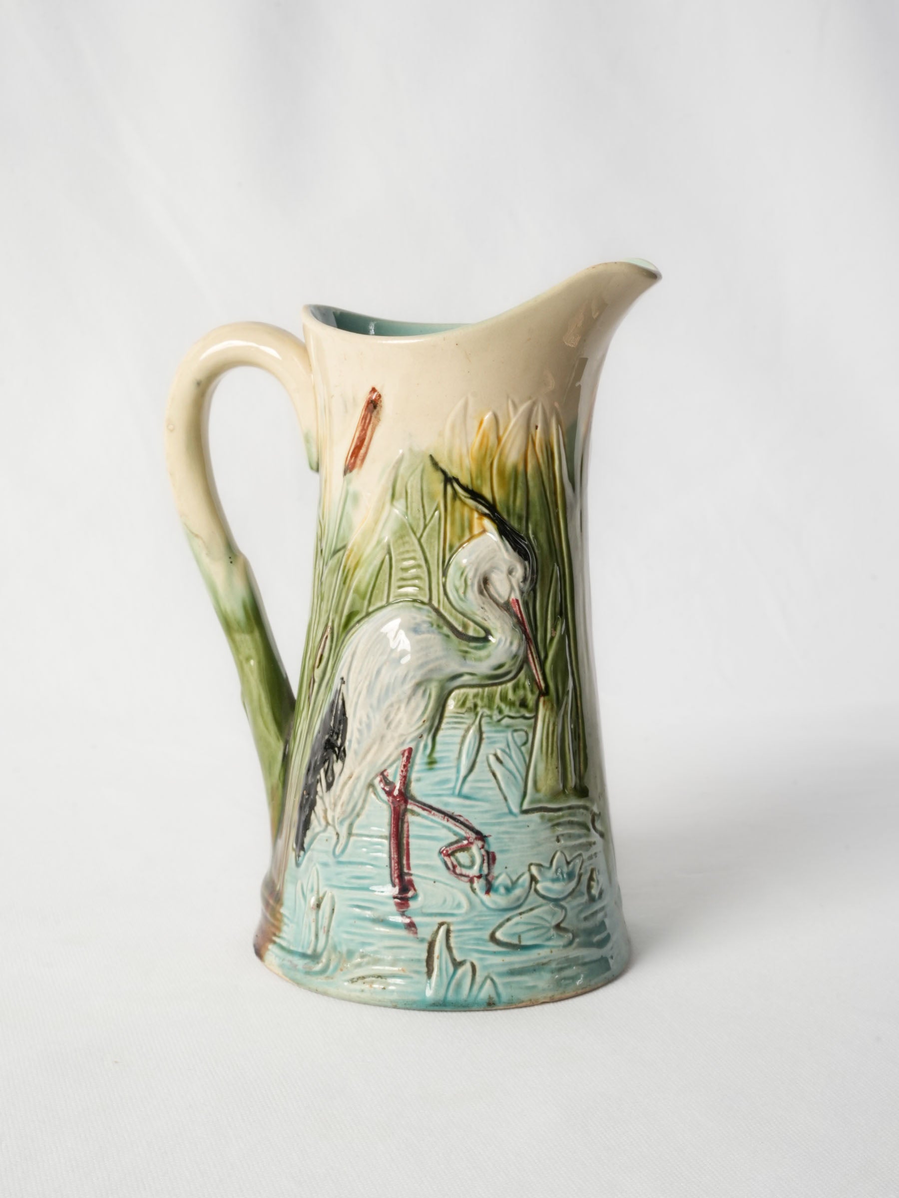 French Art Nouveau Majolica Pitcher w/ Heron Décor, c. 1900 -10¼"