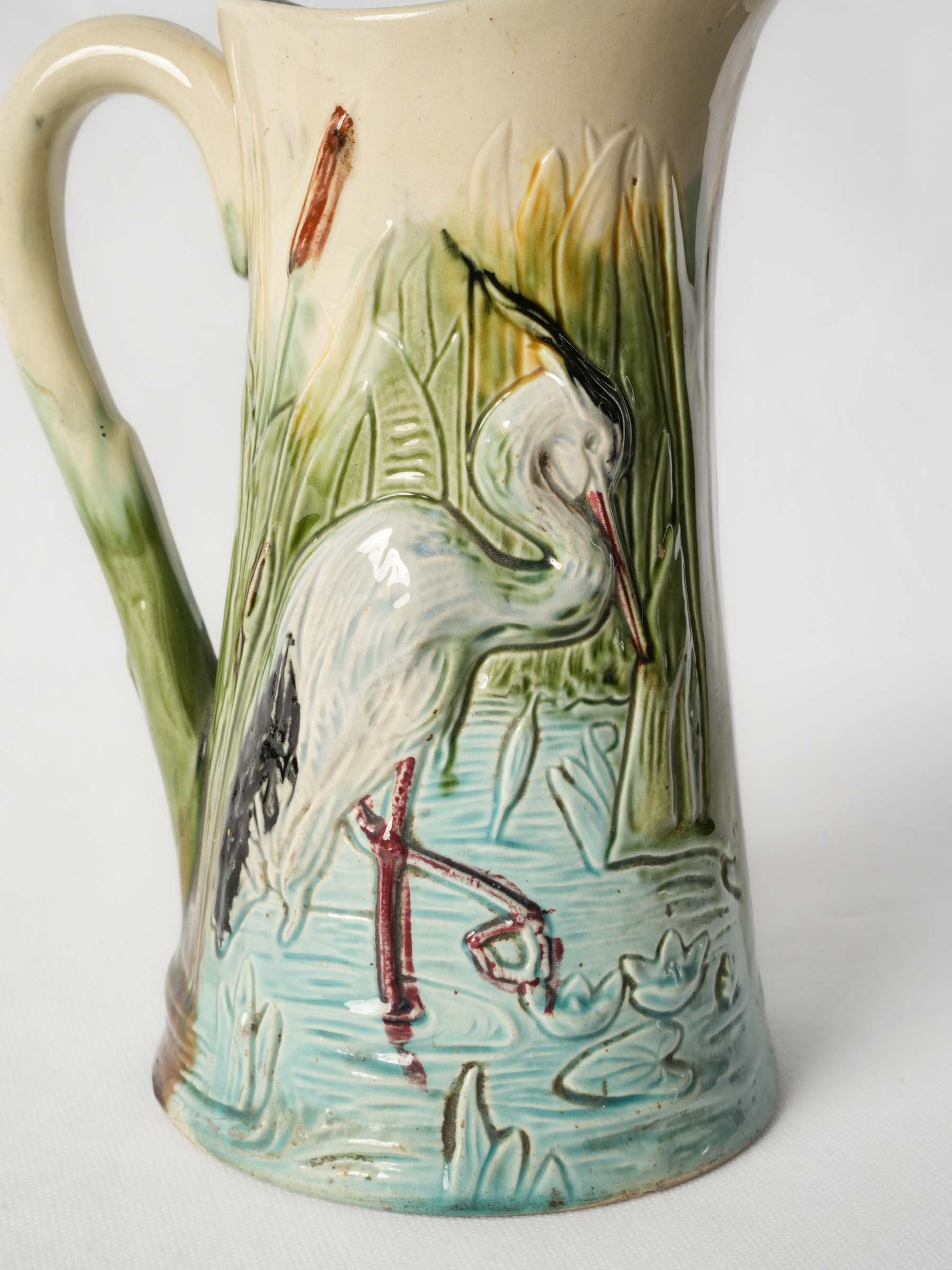 French Art Nouveau Majolica Pitcher w/ Heron Décor, c. 1900 -10¼"